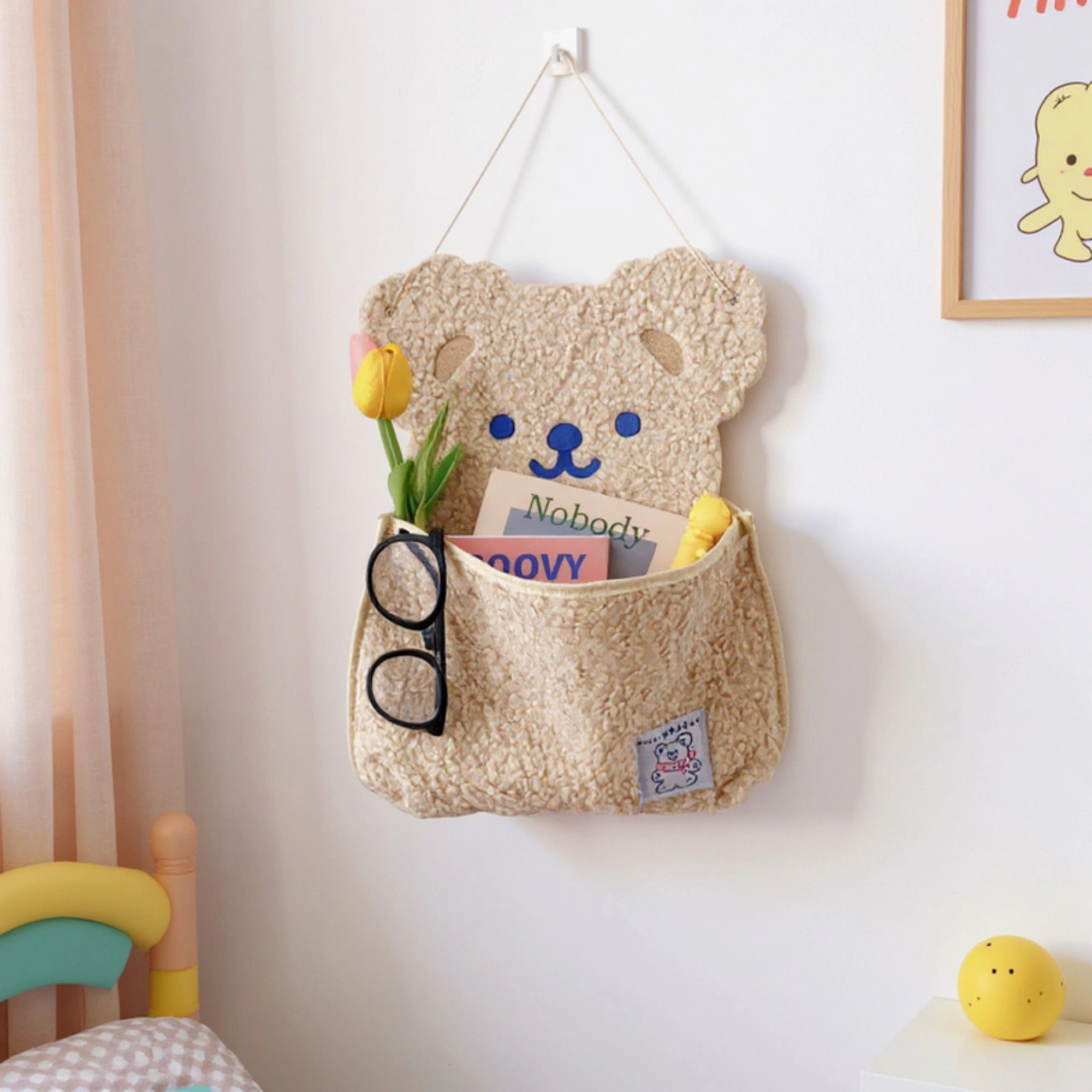 Alilang Women Plush Bear Wall Pocket Organizer with Hanging Loop and Front Storage Pouch
