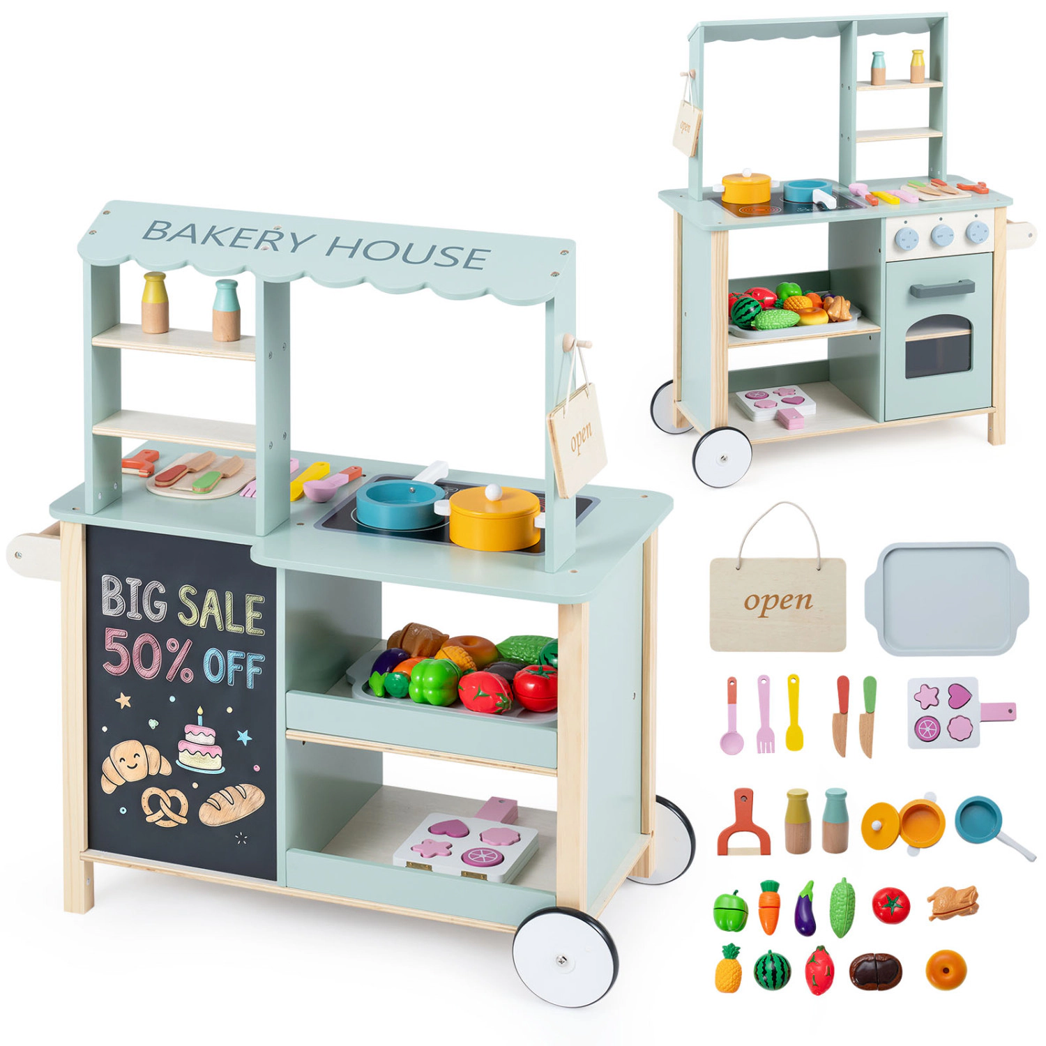LJG Wooden Kitchen Playset with Cookware Accessories for Kids