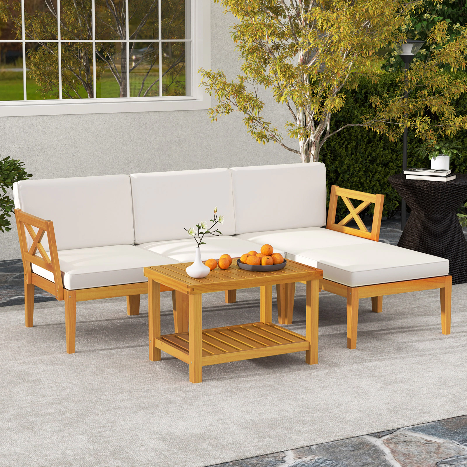 SUGIFT 2-Tier Coffee Table and Ottoman 5-Piece White Acacia Wood Patio Sectional Set