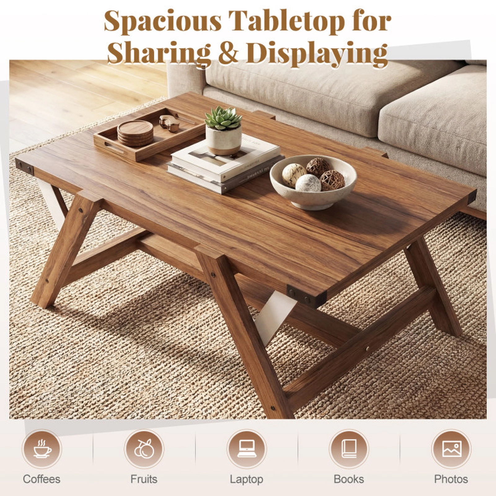 SUGIFT Farmhouse Engineered Wood Center Coffee Table 220-lb Capacity Walnut