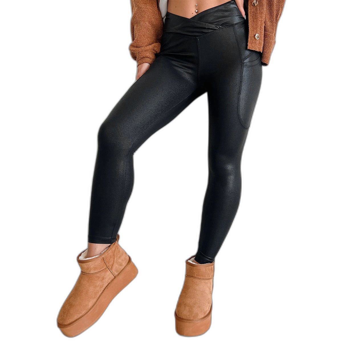 Sol Living Womens Black V Crossover High Waist Pocketed Leggings