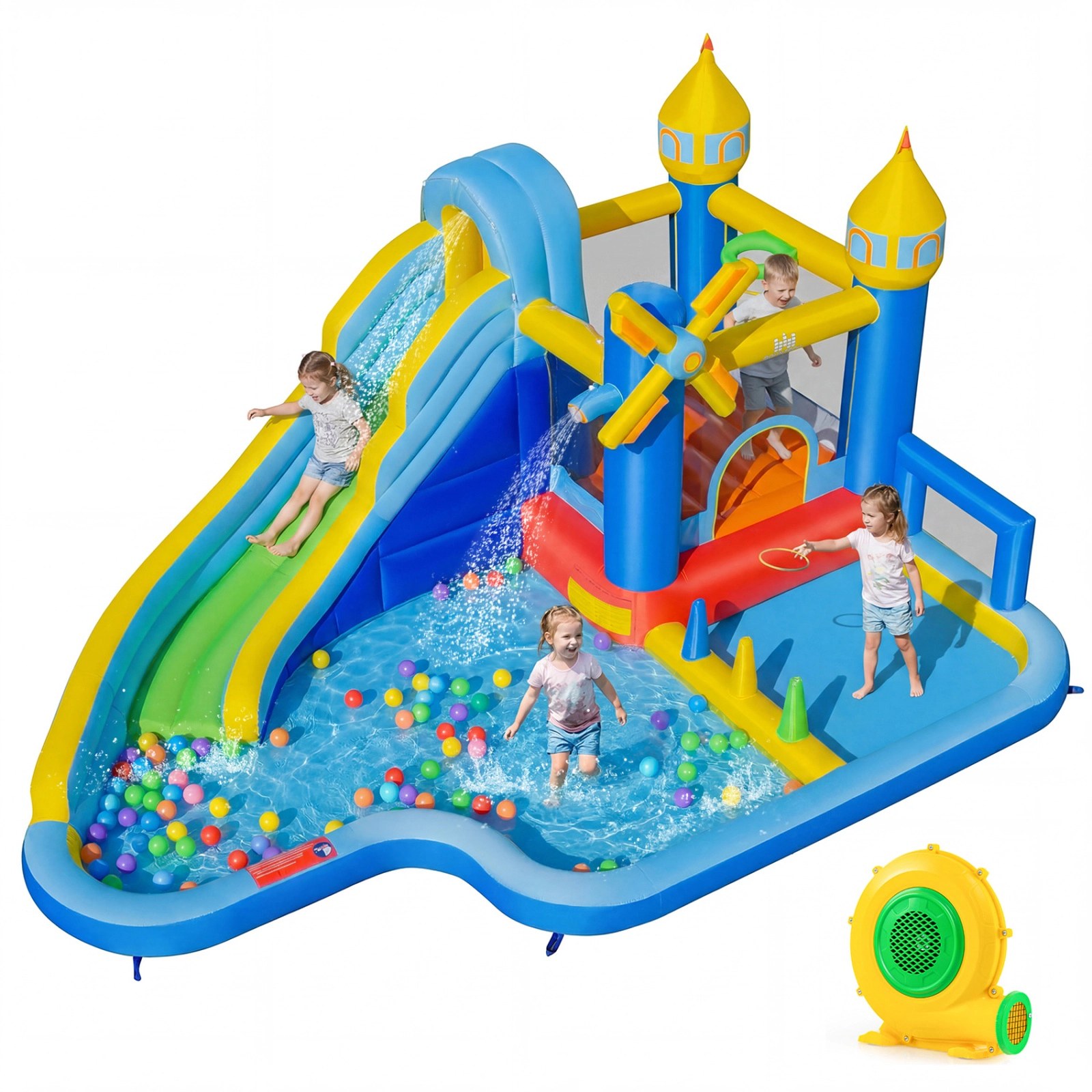 SUGIFT 206-in Windmill Inflatable Water Slide Park with Jumping Area Ball Pit Ring Toss and 680W Blower