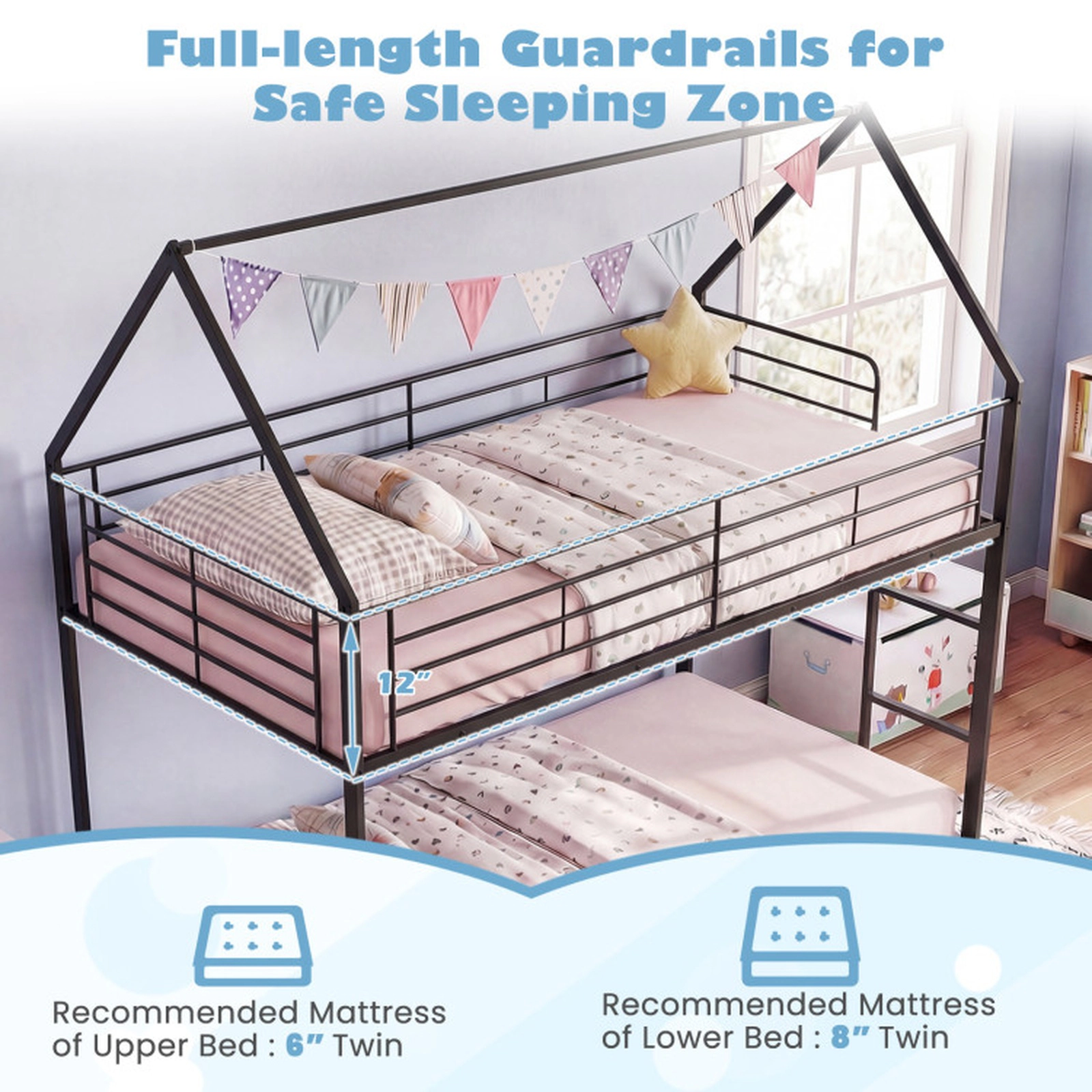 SUGIFT Black House Roof Frame and Ladder 400-lb Twin Over Twin Kids Metal Bunk Bed