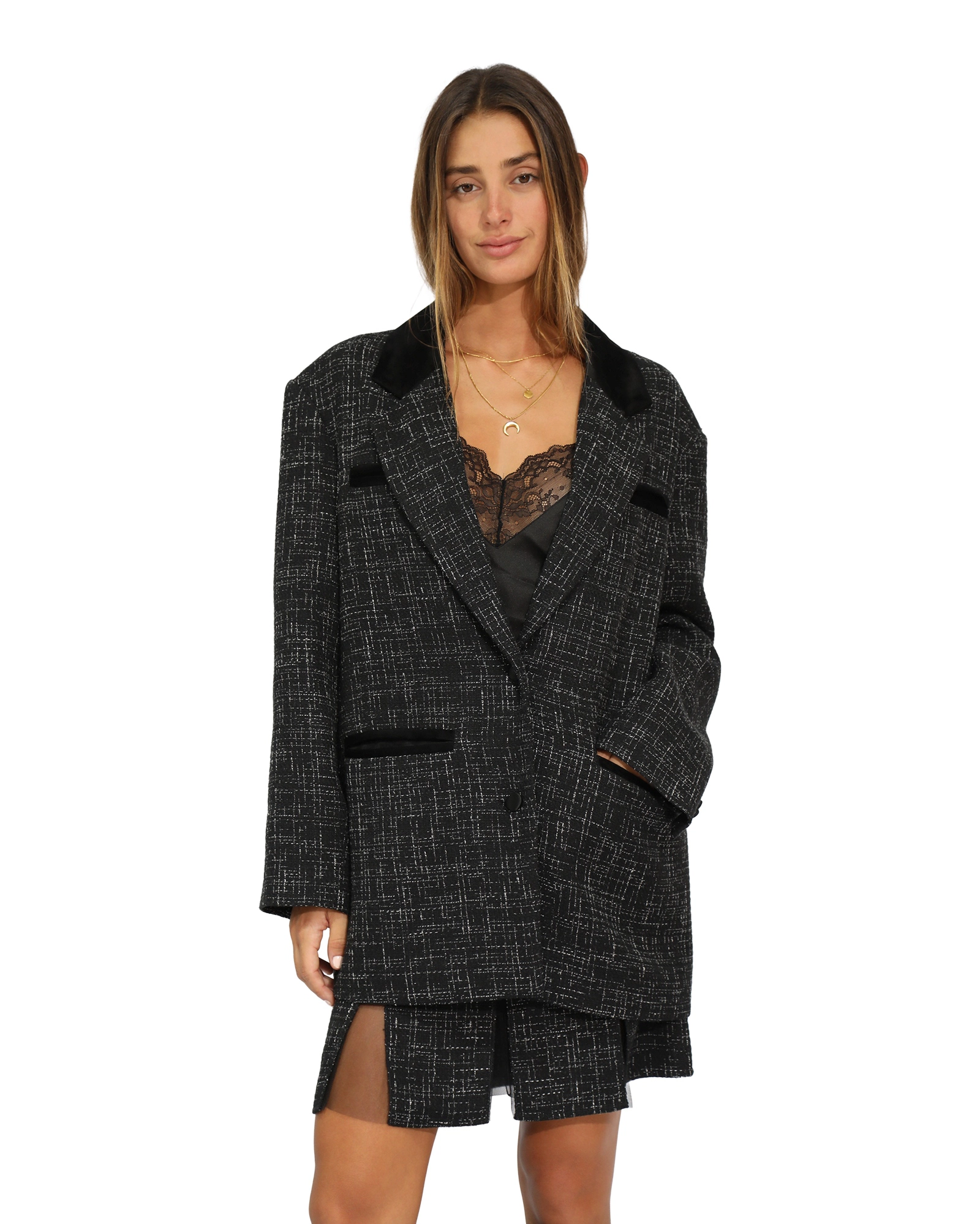 Belle & Bloom City Noir Tweed Oversized Blazer