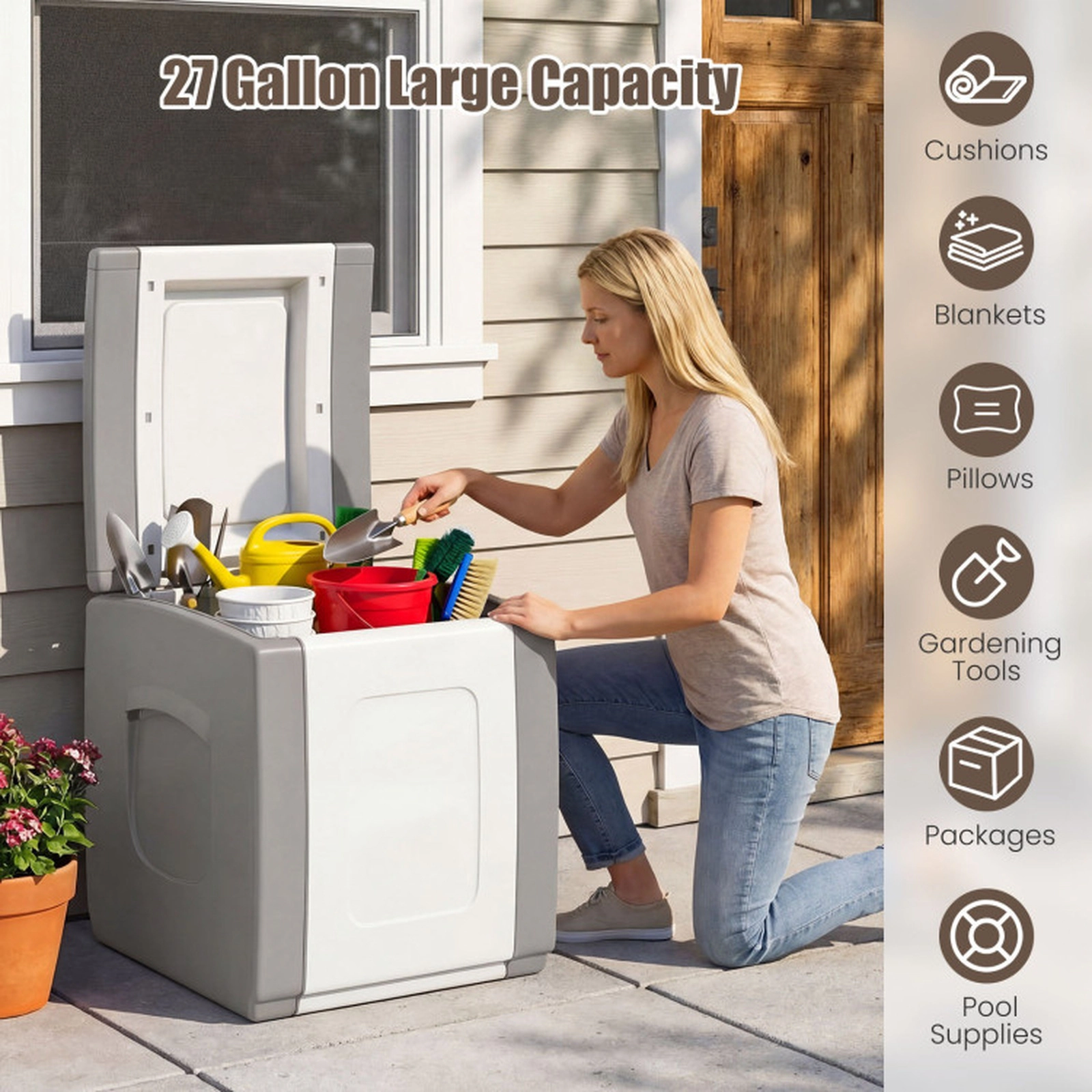 SUGIFT 27-Gallon Outdoor Deck Box with Lid 180-lb Capacity PP Storage Box Beige + White Gray + White