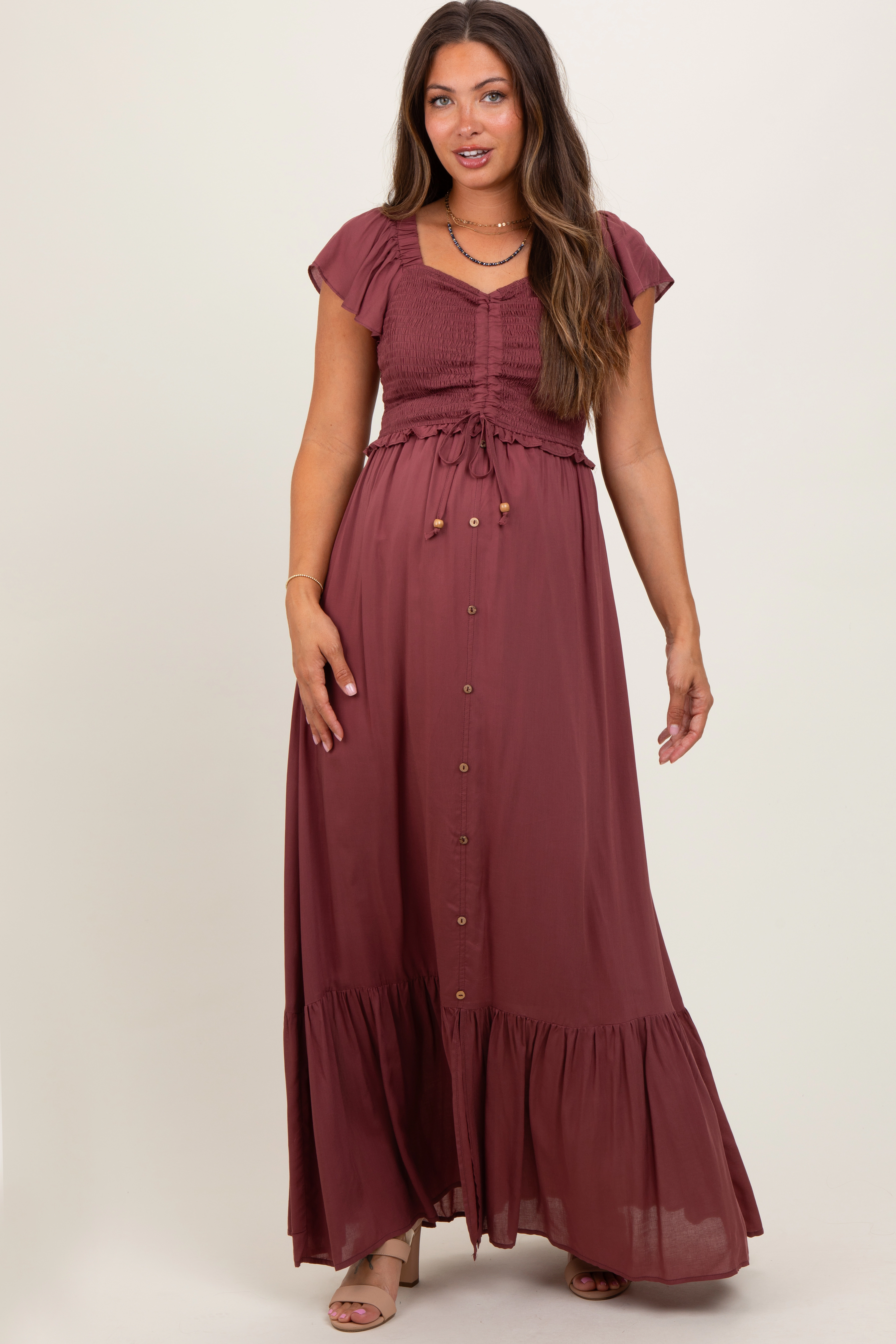 PinkBlush Womens Burgundy Smocked Top Woven Maternity Maxi Dress