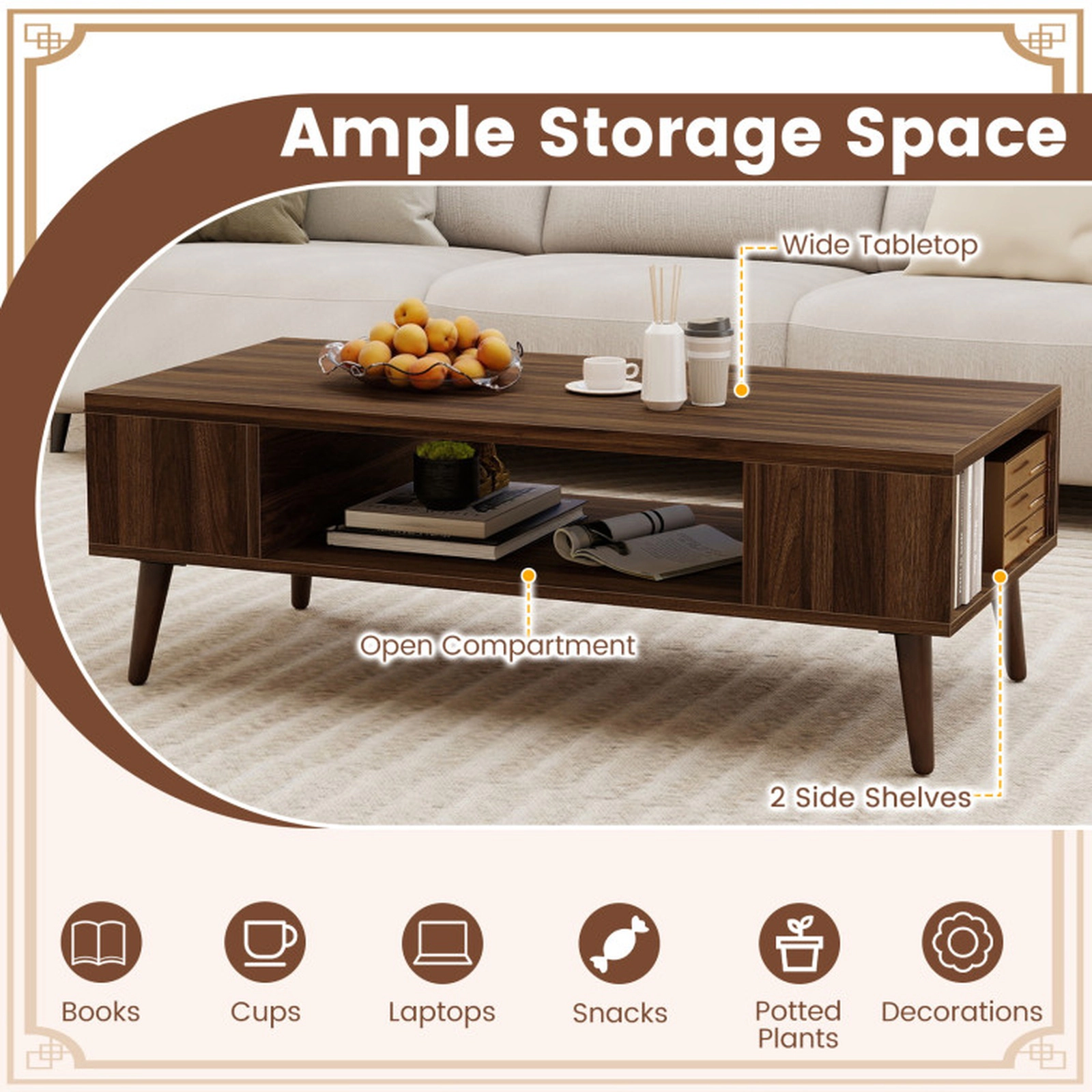 SUGIFT Mid Century Modern Rectangular Coffee Table with Open Compartment and Side Shelves 88-lb Tabletop Capacity Walnut