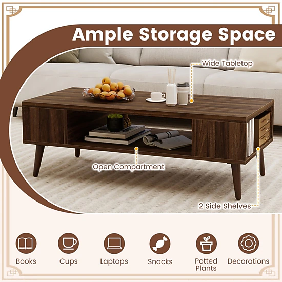 SUGIFT Mid Century Modern Rectangular Coffee Table with Open Compartment and Side Shelves 88-lb Tabletop Capacity Walnut