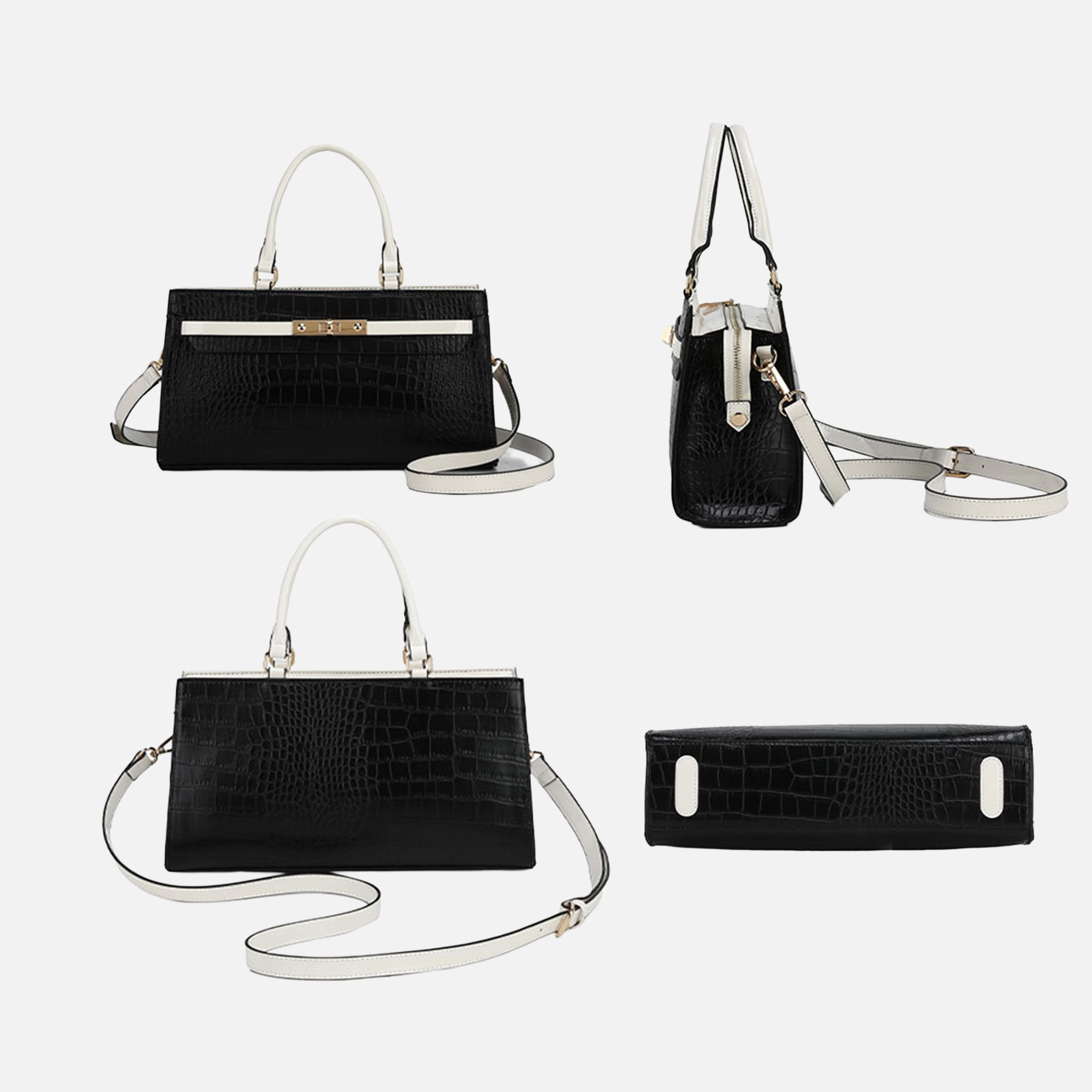 Faux Crocodile-Embossed Wide Satchel with Turn-Lock Clasp