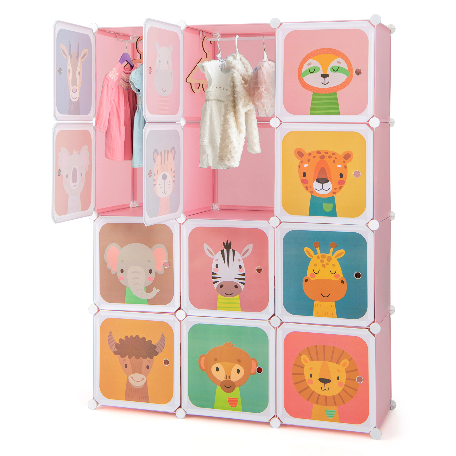 SUGIFT Kids 12-Cube Animal Print Doors Hanging Section Wardrobe Closet 43-in x 14-in x 57-in 22-lb per Cube Pink