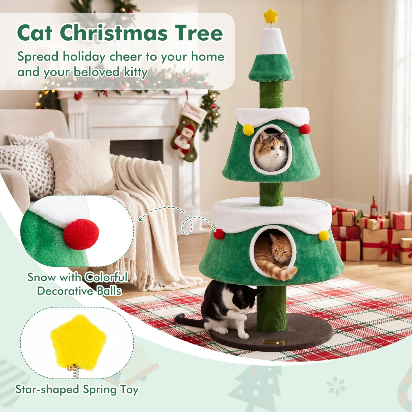 SUGIFT 61.5-in Cat Christmas Tree Tower with 2 Large Condos Star Spring Toy Decorative Spheres & Scratching Posts Green
