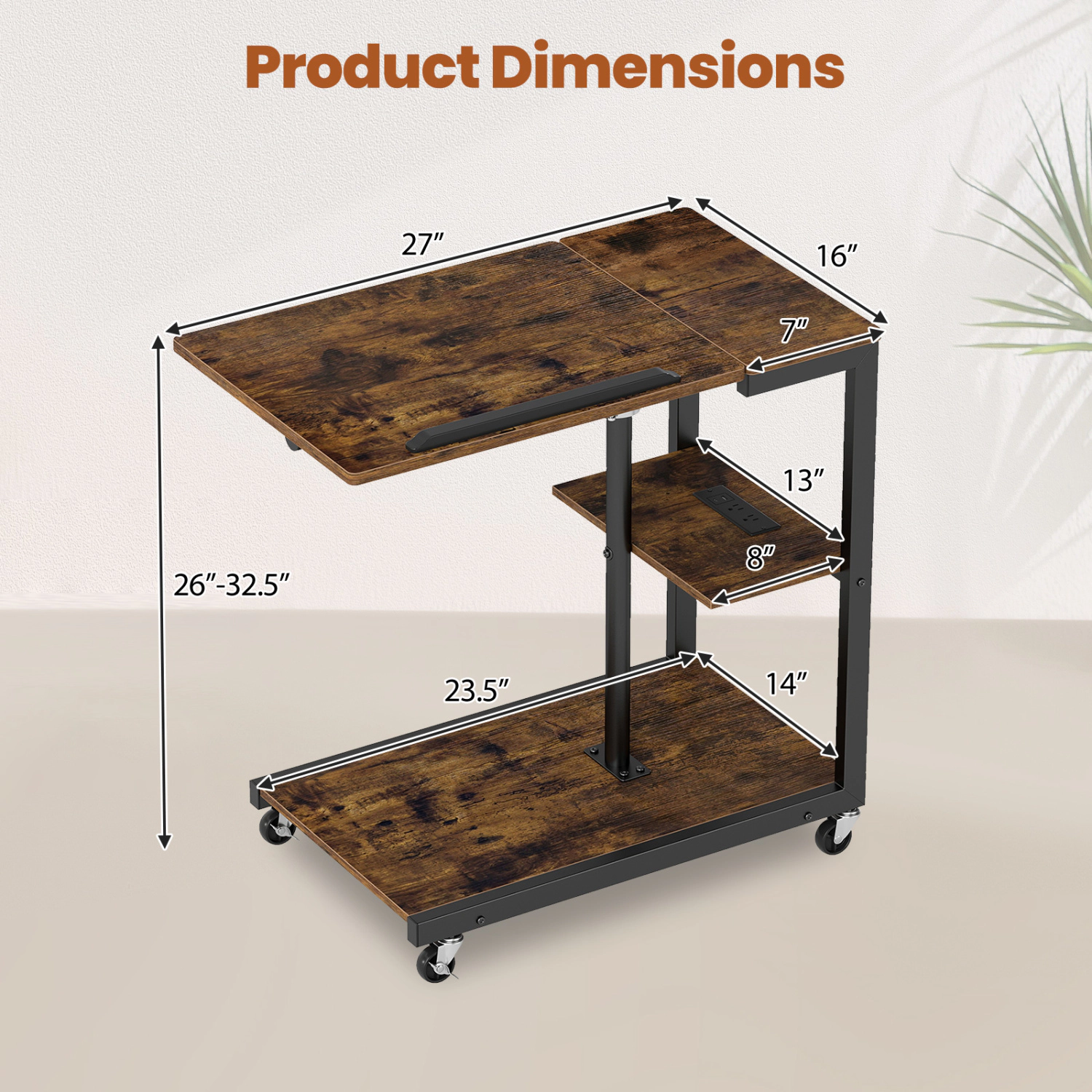 LJG 3-Tier Mobile Couch Side Table with Tiltable Tabletop