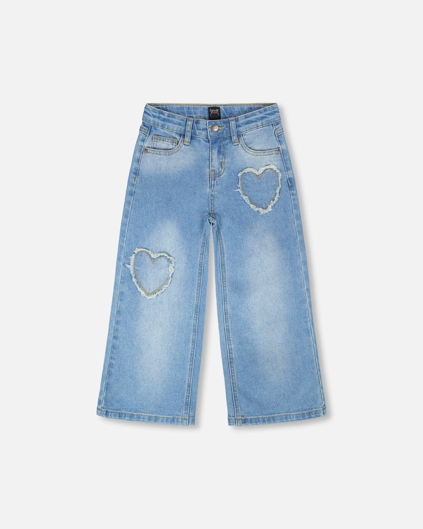 Deux par Deux Girls Wide Leg Denim Jeans with Heart Embroidery
