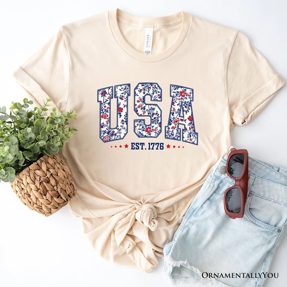 OrnamentallyYou Womens Patriotic USA Floral Independence Day T-Shirt