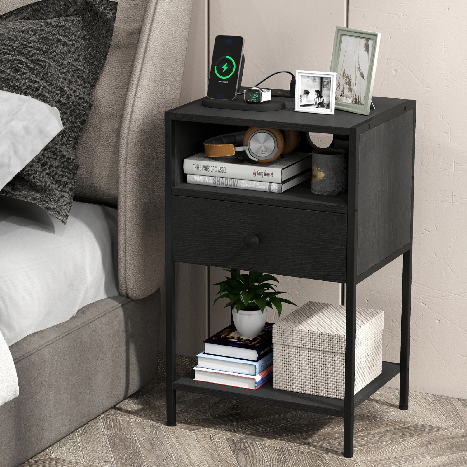 SUGIFT Integrated Charging Station Nightstand Bedside Table 66-lb Top Capacity Engineered Wood and Carbon Steel Black