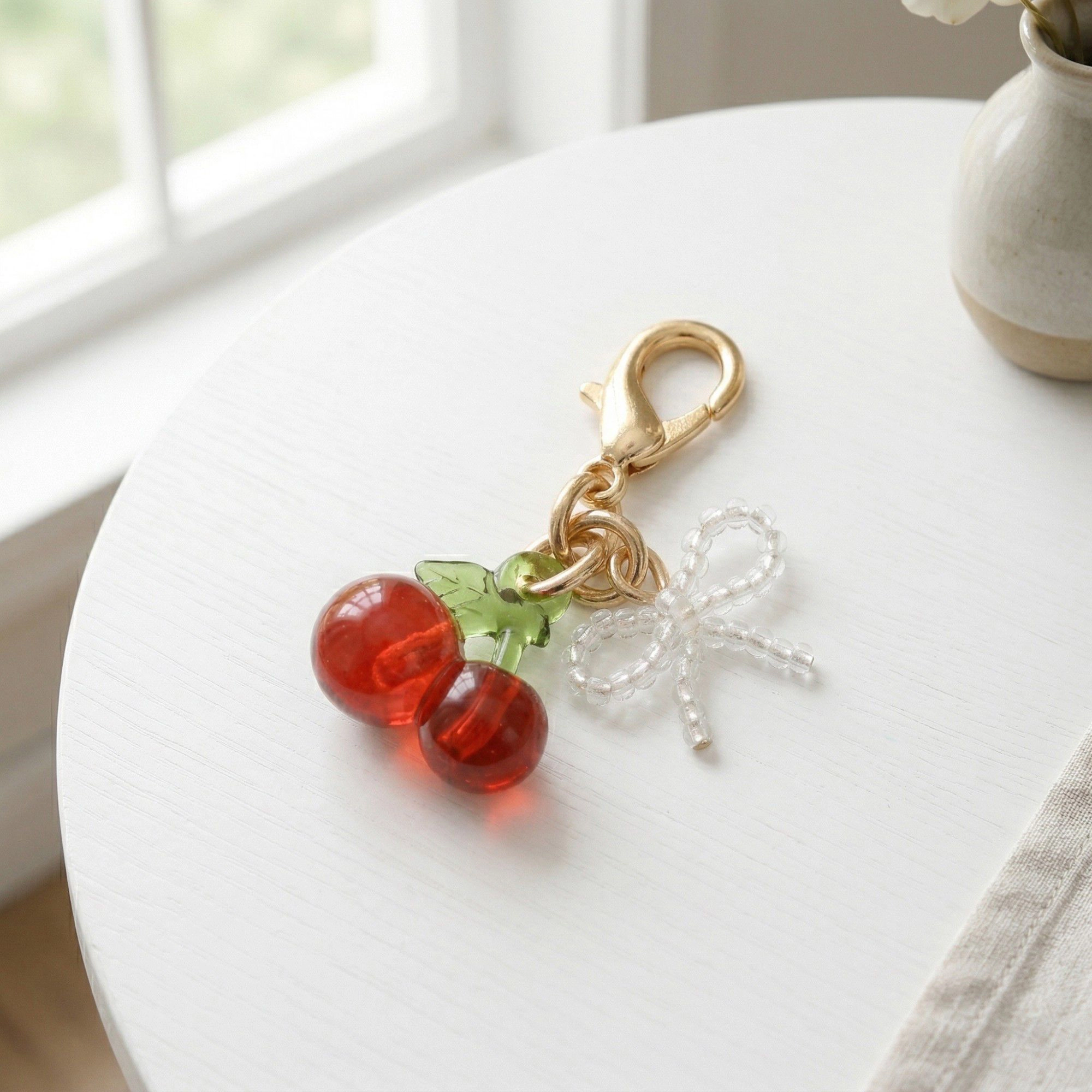 Alilang Women's 3 Pcs Cherry Charm Clip Set with Faux Pearl Accent Decorative Bag Keychain Accessory