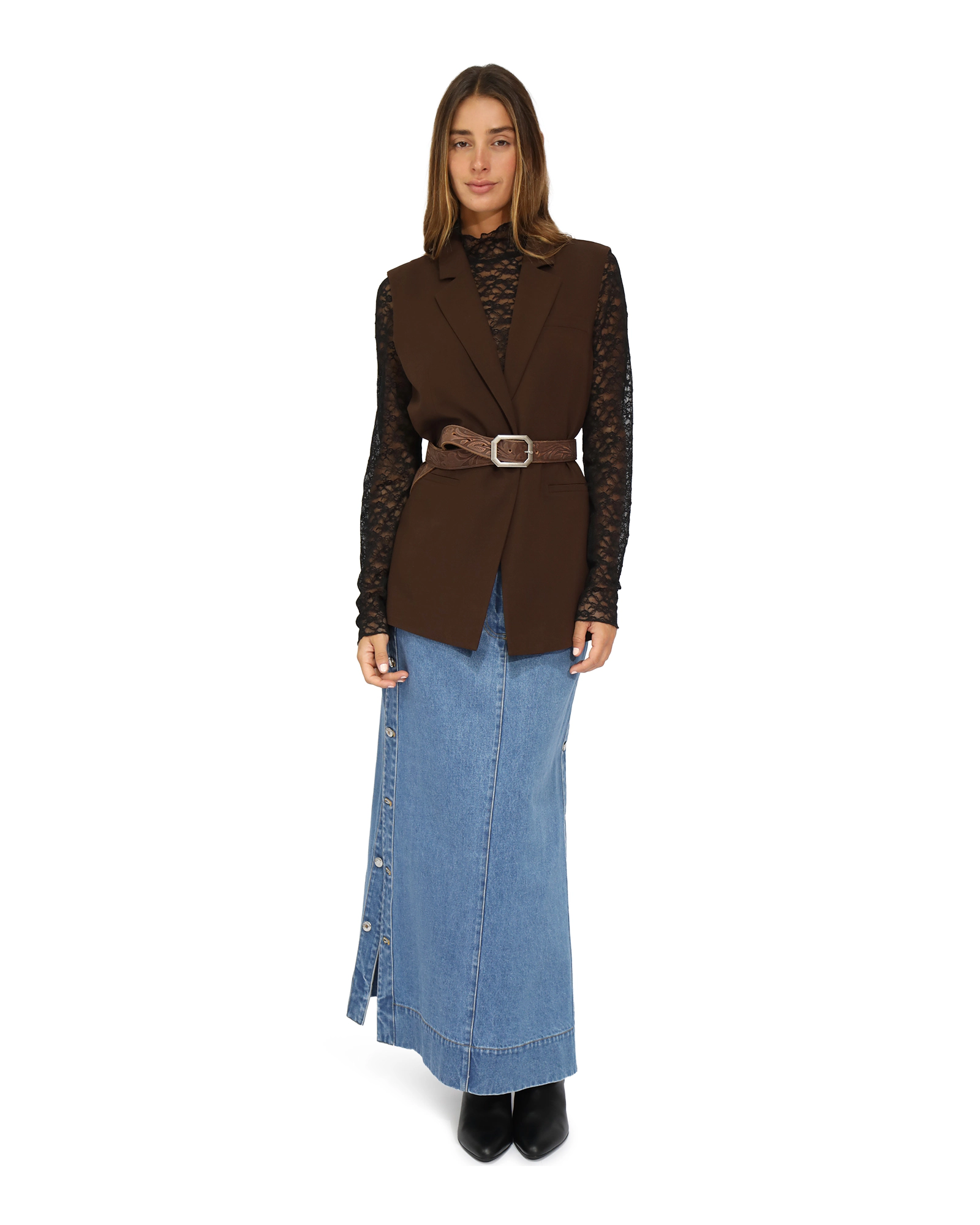 Belle & Bloom Edge Line Denim Maxi Skirt with Side Buttons