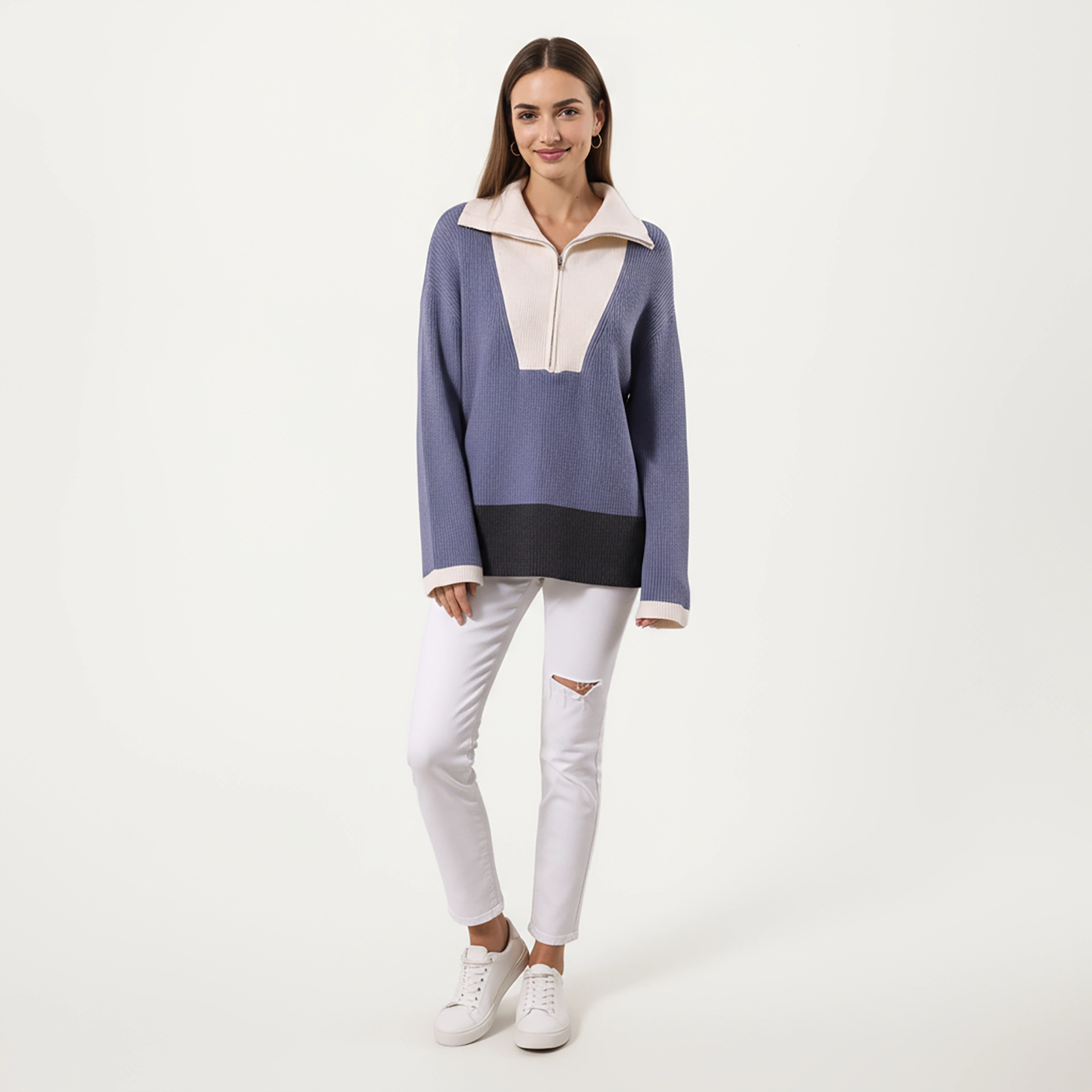 Anna-Kaci Women's Ribbed Half Zip Foldover Collar Contrast Hem Long Sleeve Knit Top