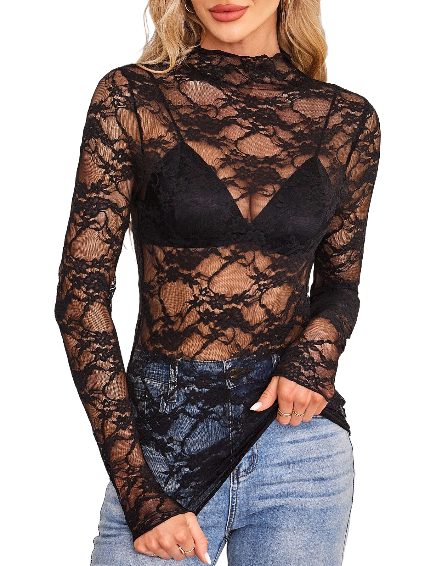 Premium Charms Women's Floral Lace Long Sleeve Top Sheer Fitted Blouse