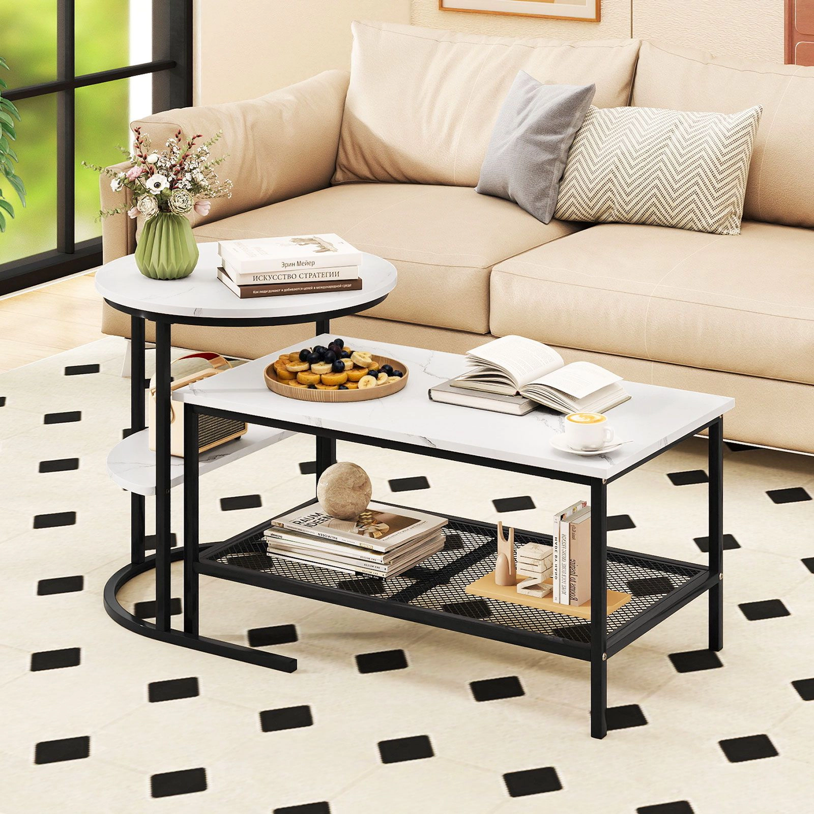 SlickBlue Faux Marble Coffee Table Set of 2  with Metal Frame Storage