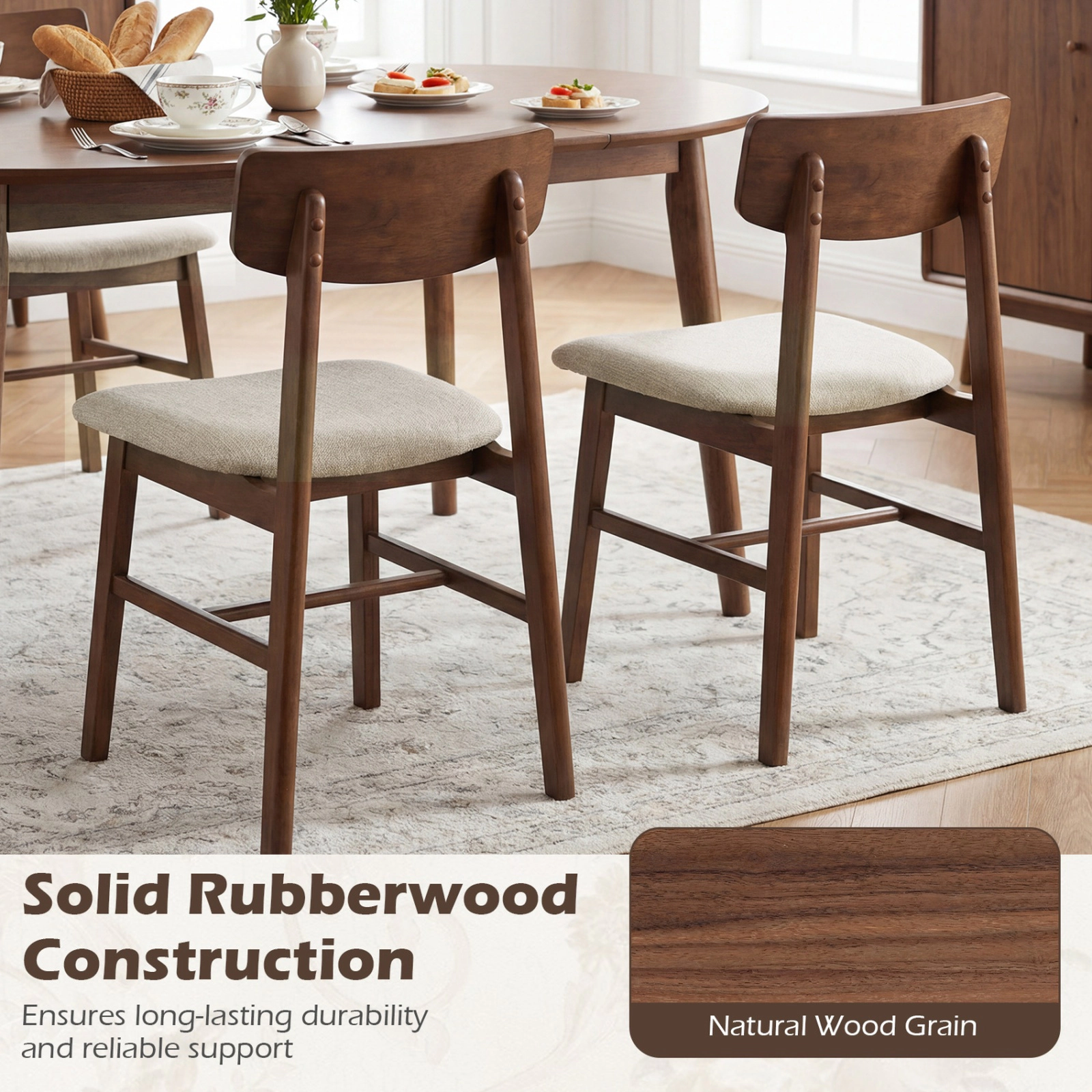 SUGIFT Solid Rubber Wood Dining Chairs Set of 4 with Curved Backrest 330-lb Capacity Walnut + Gray