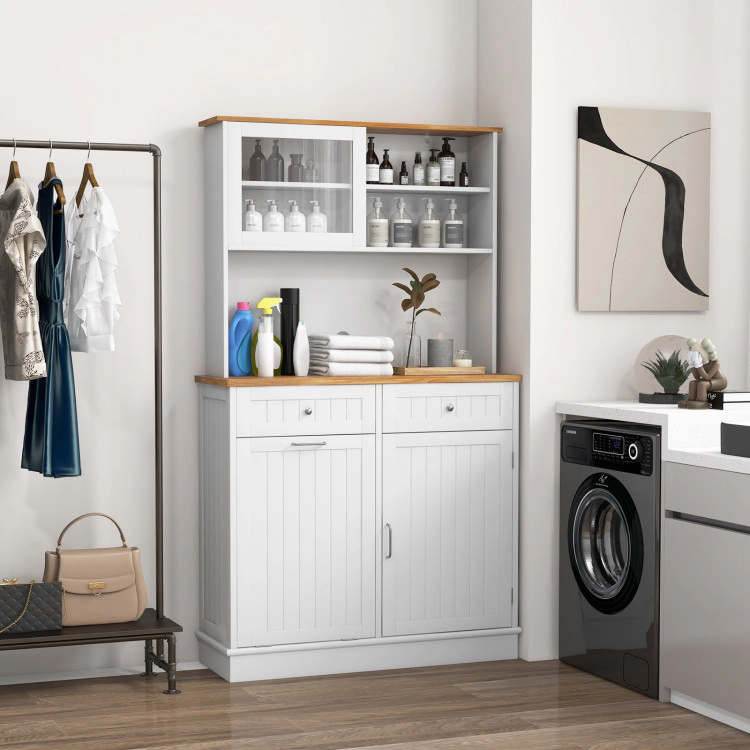 Hivvago Double Tilt Out Trash Cabinet With Hutch And Rubber Wood Countertop