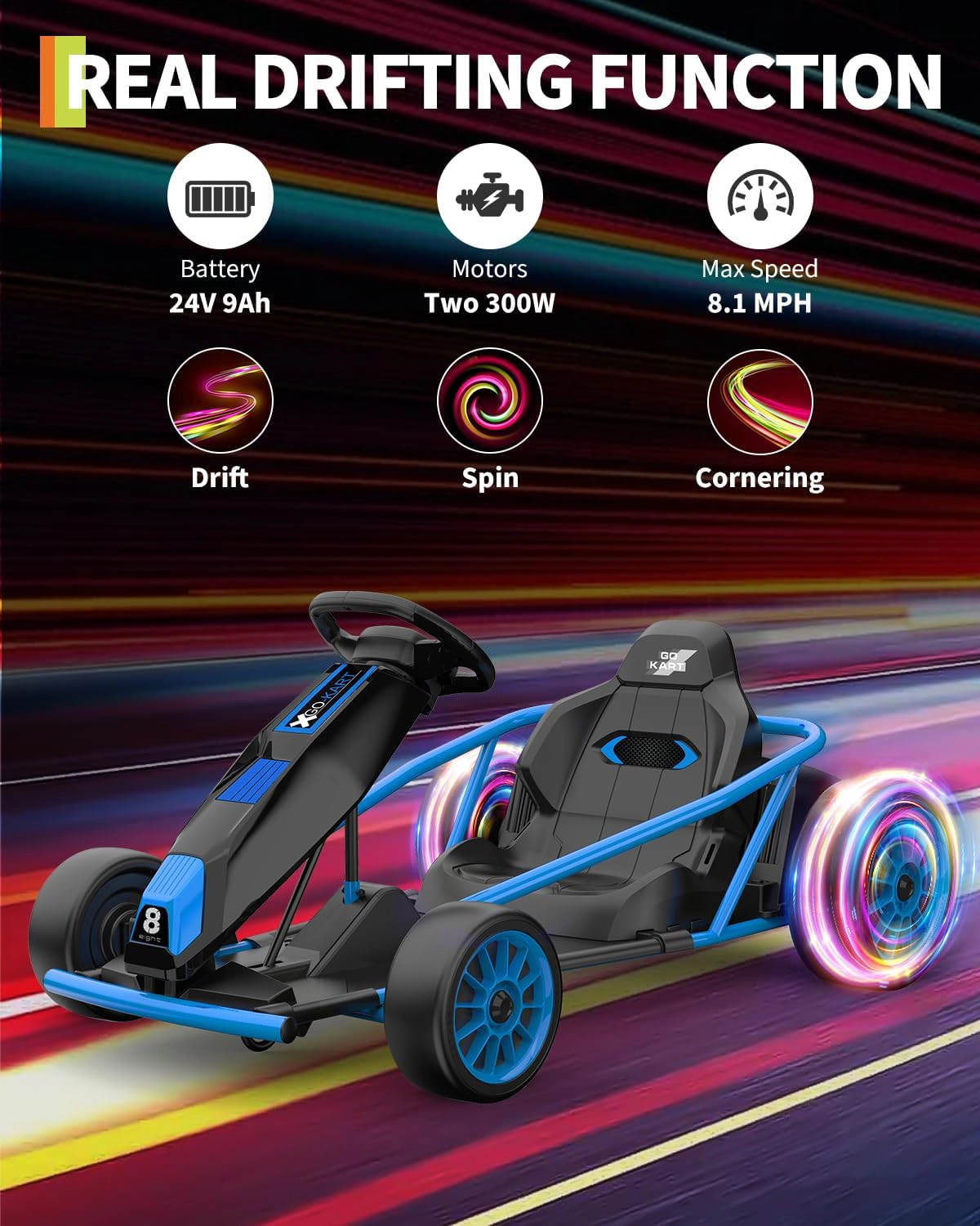 24V Kids Go Kart, 2×300W Motors, 8.1MPH Drift Racing Car w/ 9Ah Battery, Music, Horn & Seatbelt for Ages 8–12