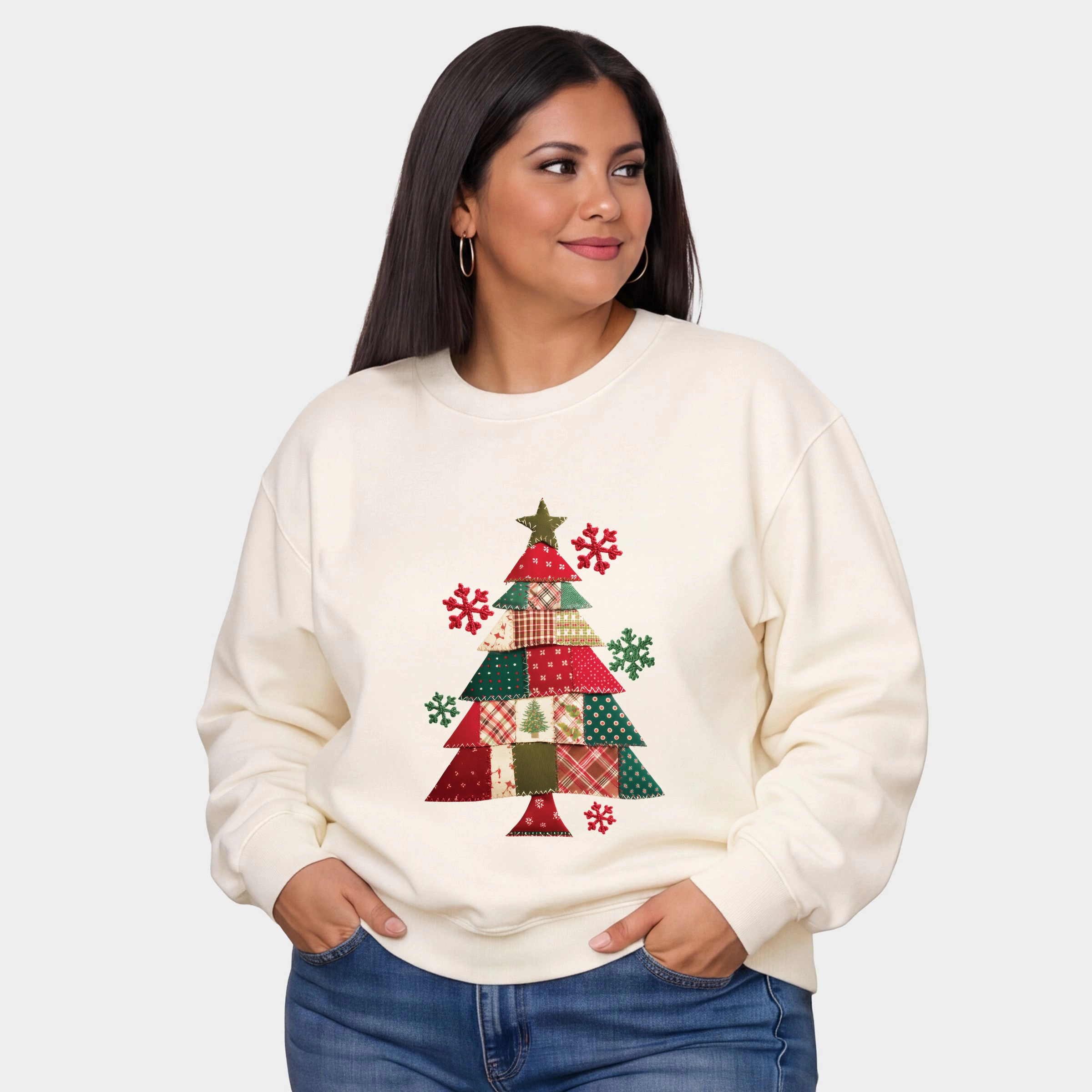 Simply Sage Market - Women's Plus Sweatshirt Christmas Tree Patchwork Print