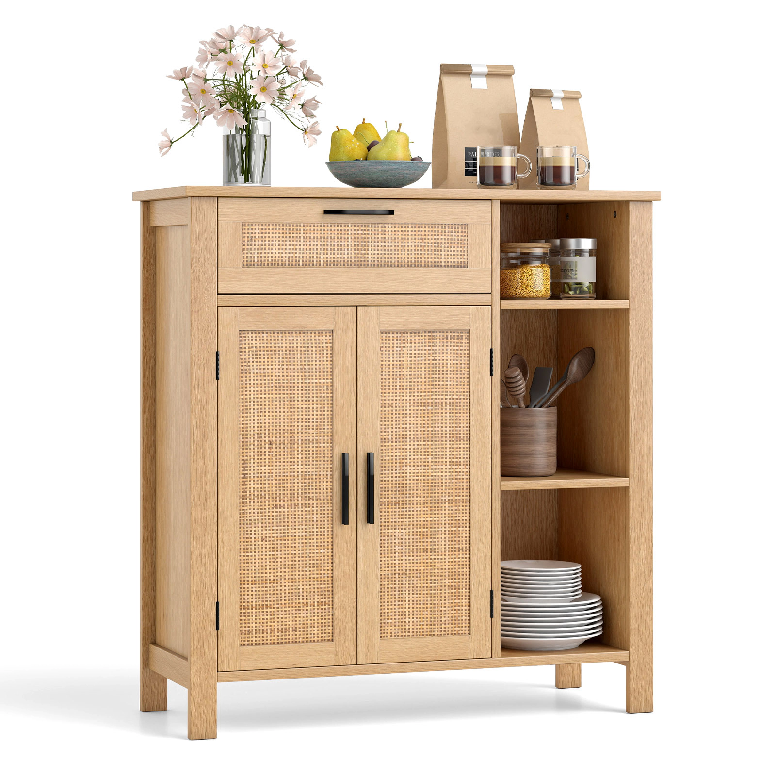 LJG Boho Buffet Sideboard Storage Cabinet with Drawer and Rattan Woven Doors