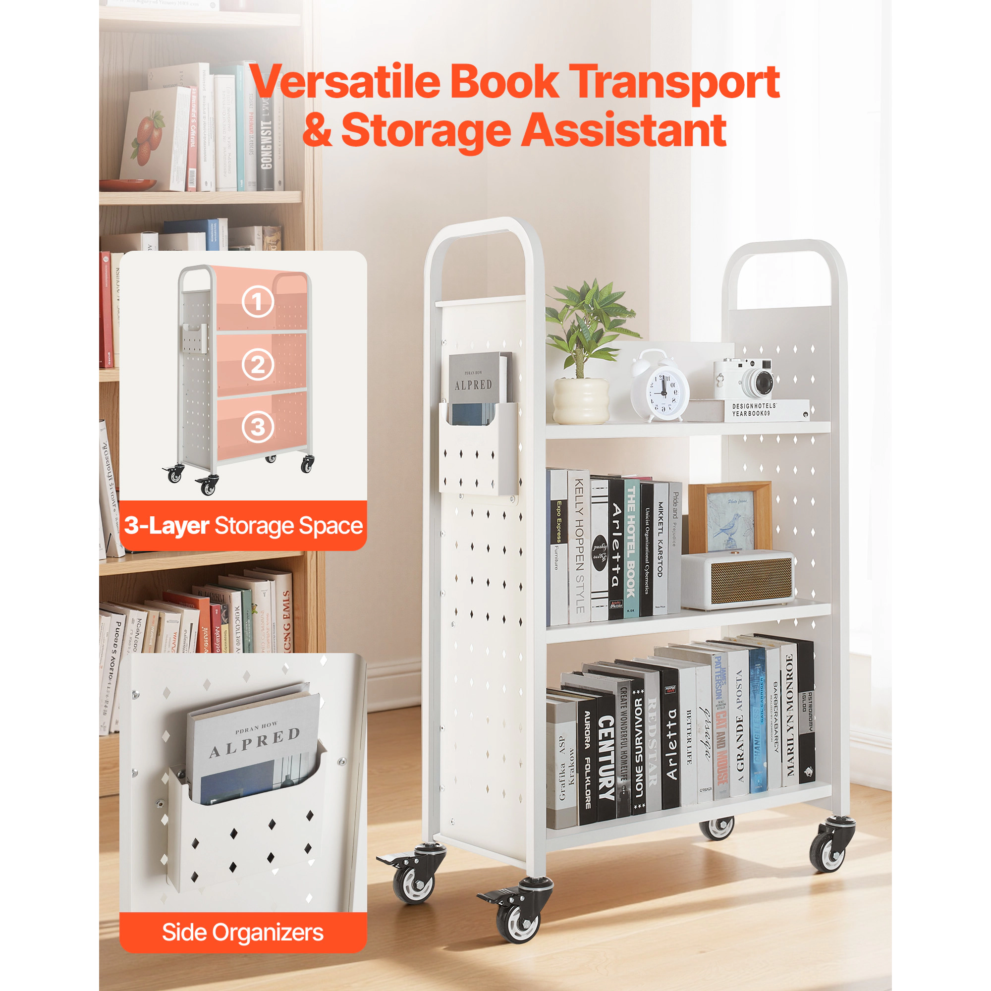 HONGGE Rolling Library Book Cart with L-Shaped Sided Shelves and Lockable Wheels for Home, Office, and School