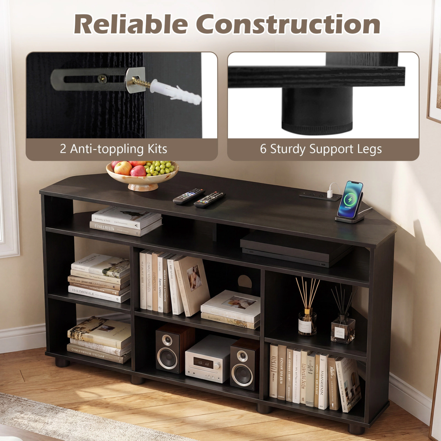 Glintex 46.5-Inch Corner TV Stand with Charging Station and Shelves