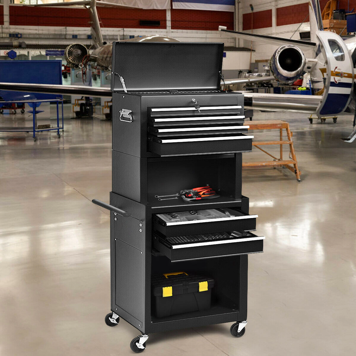 SUGIFT 6-Drawer Tool Chest with Heightening Cabinet 200-lb Capacity Black