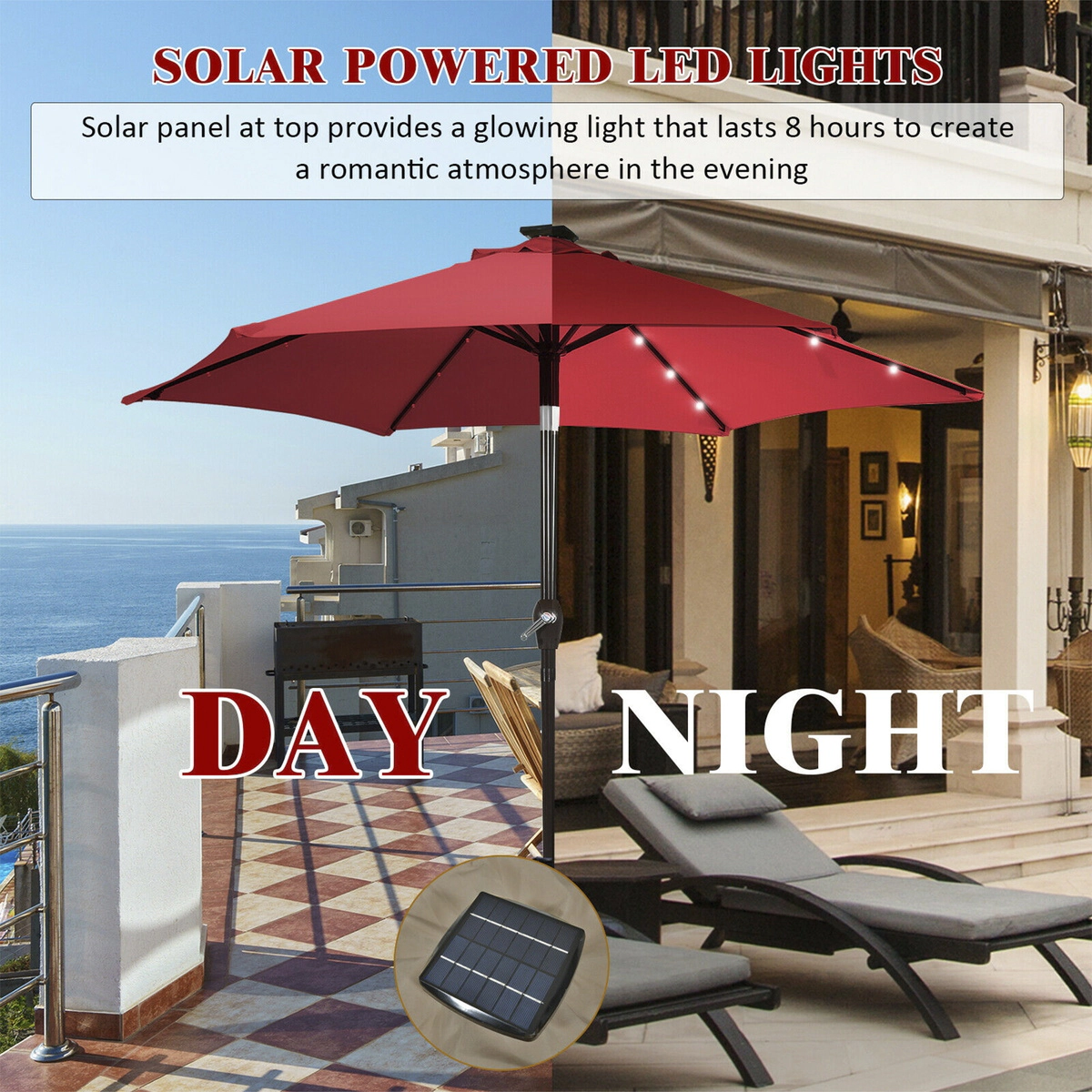 SUGIFT 9-ft Solar LED Lighted Patio Market Umbrella with Crank Lift and Tilt 6-Rib 18-Light Canopy Dark Red