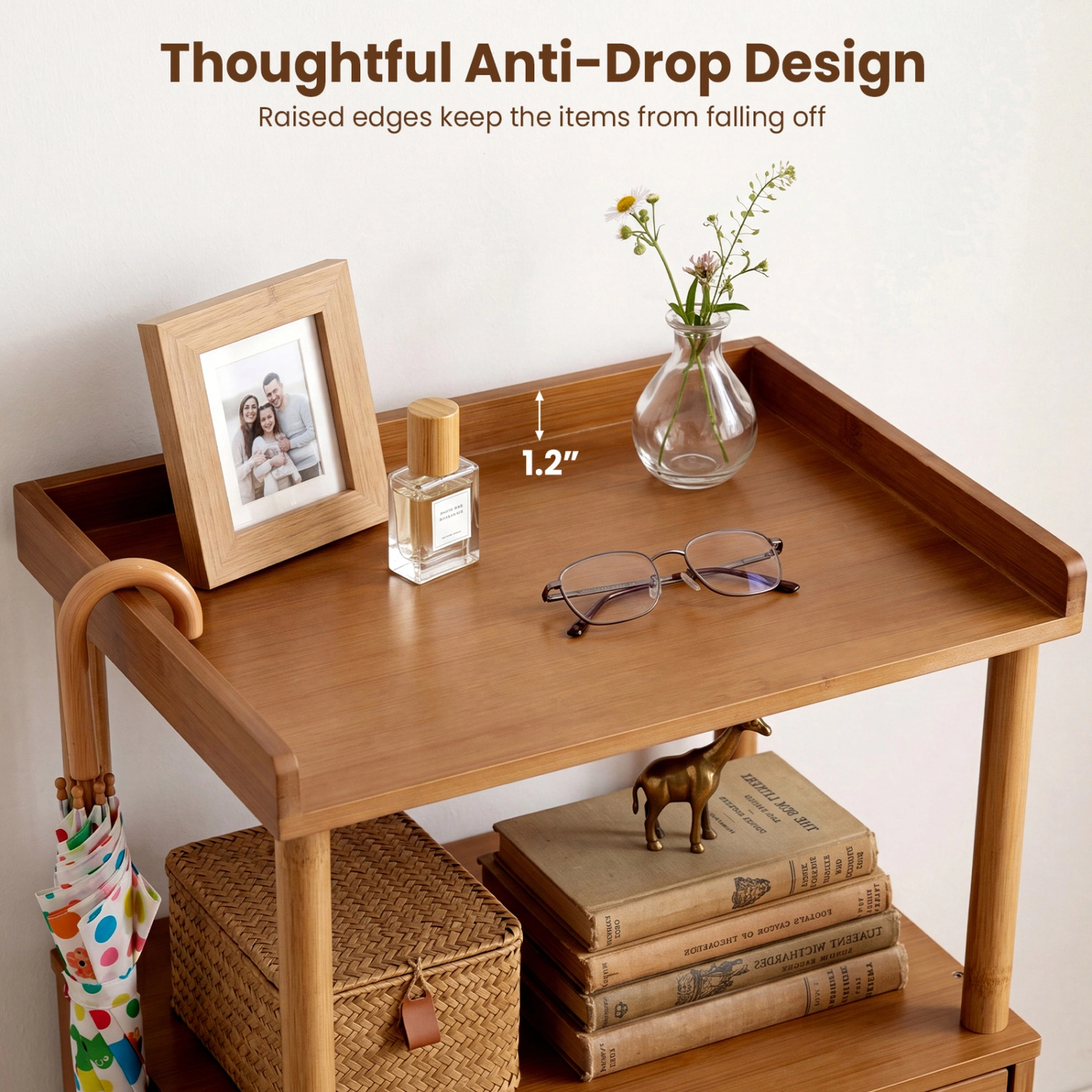 SUGIFT Bamboo Rattan Nightstand with Raised Edge Flip-Up Door and Open Shelf 44-lb Countertop Capacity Walnut