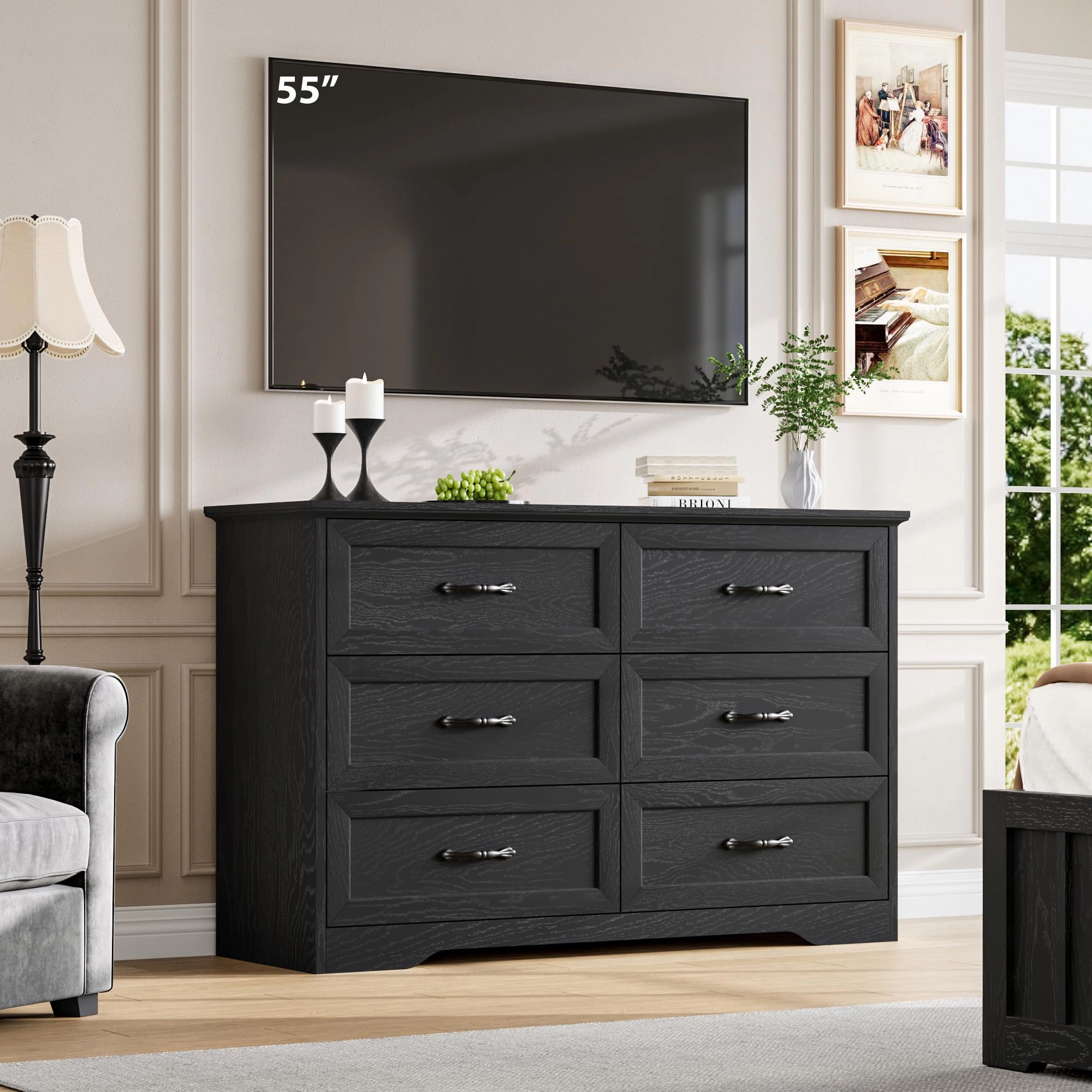 Farmhouse 6 Drawer Dresser with Metal Handles, 47.2" Wide Wooden Storage Cabinet for Bedroom
