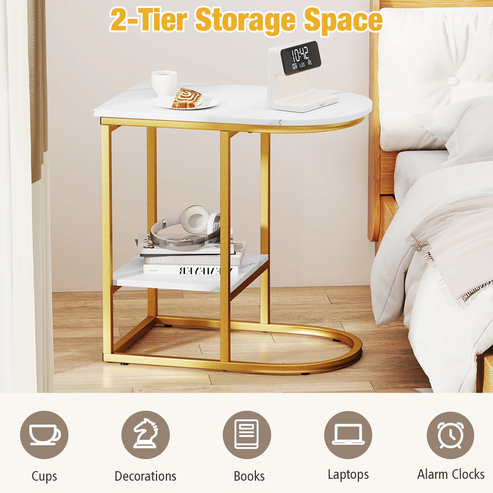 SUGIFT Faux Marble Top and Storage Shelf White C-Shaped Sofa Side Table