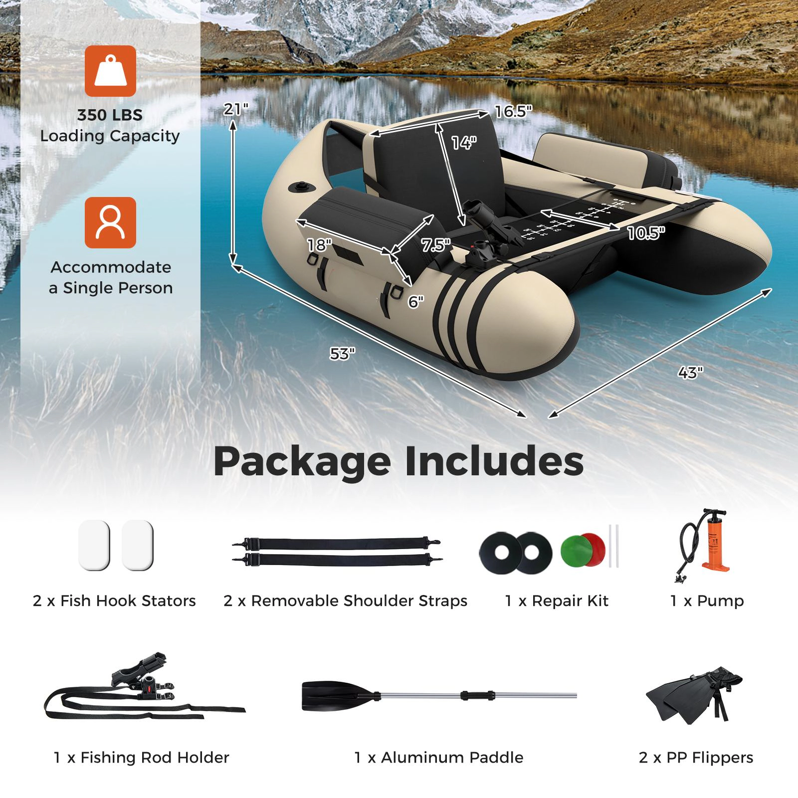 SUGIFT 350-lb Capacity Inflatable Float Tube with Aluminum Paddle 2 Flippers Pump and Fish Ruler