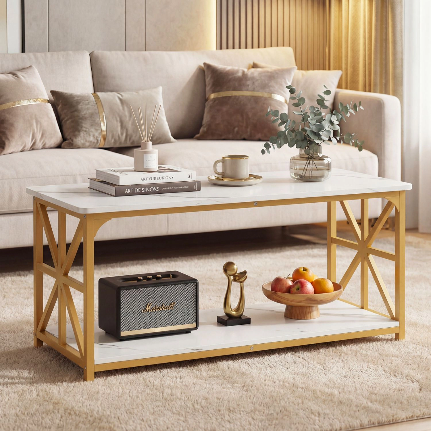 SlickBlue 2-Tier Coffee Table with X Frame Storage Shelf