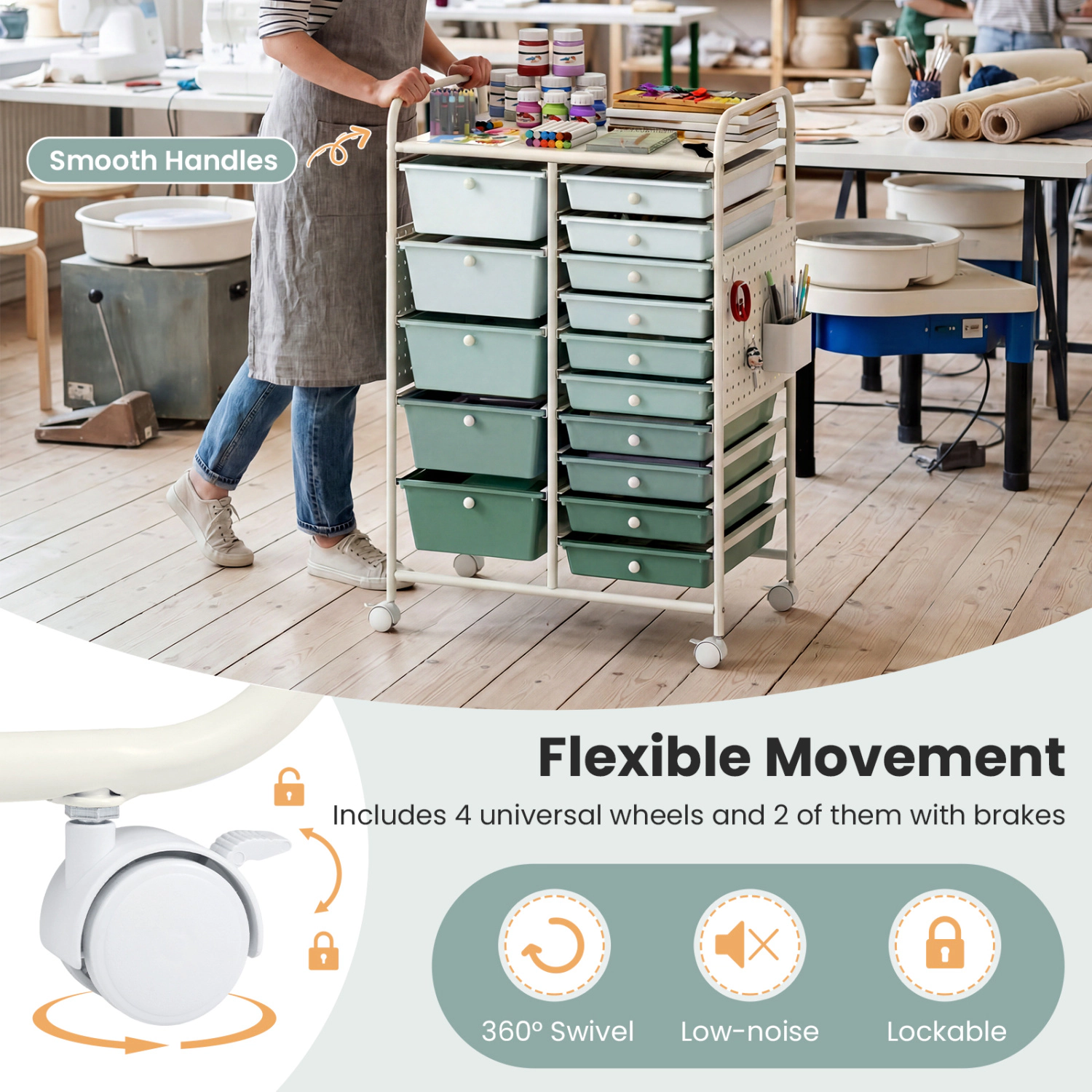 SUGIFT 15-Drawer Rolling Storage Cart with Metal Tabletop and Pegboard 34.5-in Tall Green