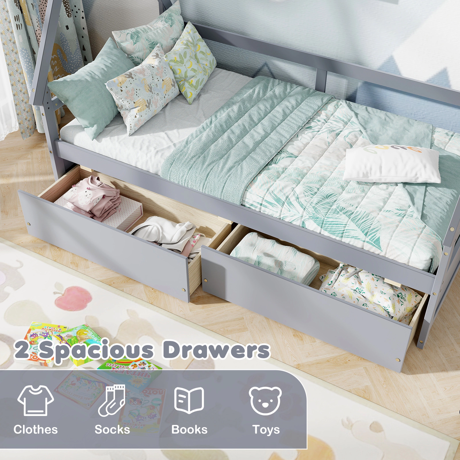 SUGIFT Roof Safety Guardrail and 2 Rolling Drawers 250-lb Twin Kids House Bed