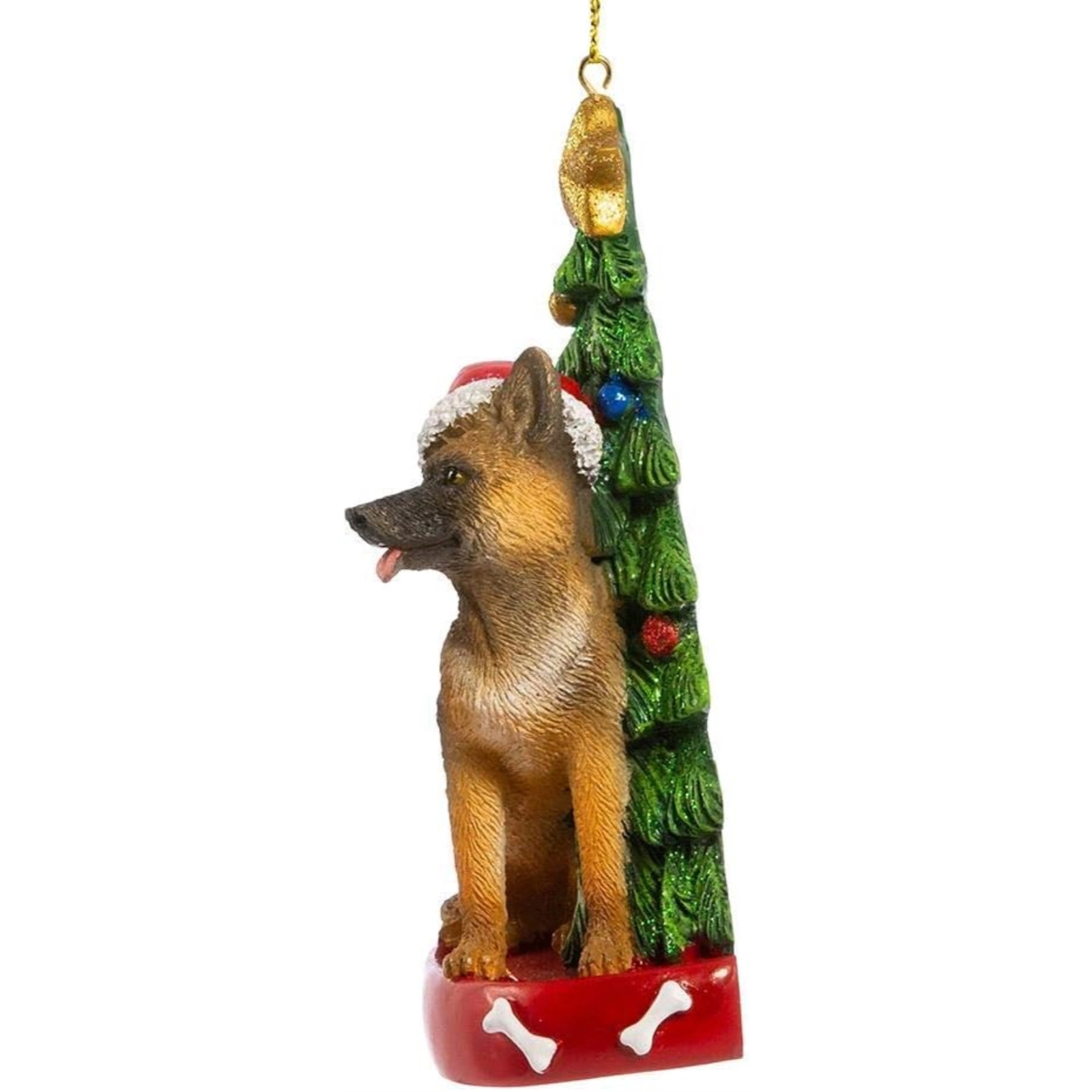 Kurt Adler German Shepherd Dog Wearing Santa Hat with Christmas Tree Resin Ornament 4.25 inch