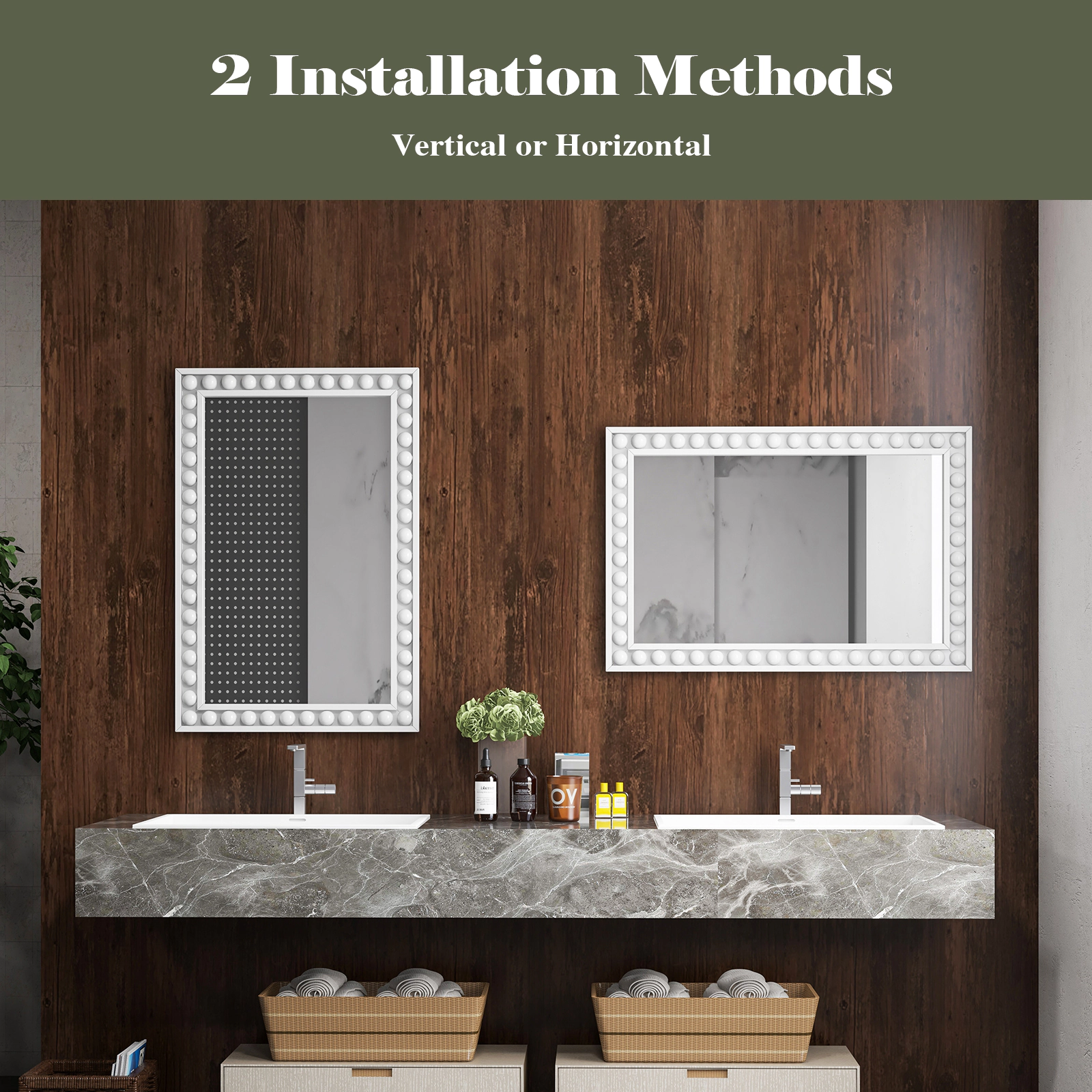 SUGIFT Beaded Frame Solid Rubber Wood Farmhouse Rectangular Wall Mirror 36-in x 24-in 1-in Thick 16.5-lb White
