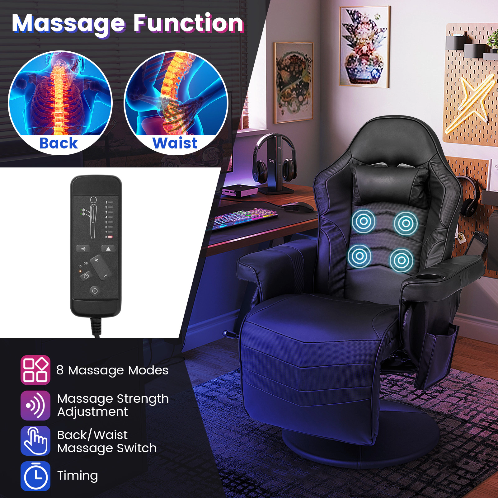SUGIFT Massage Video Gaming Recliner Chair Adjustable Height 31.5-in Wide Seat 352-lb Capacity Massage Function Black