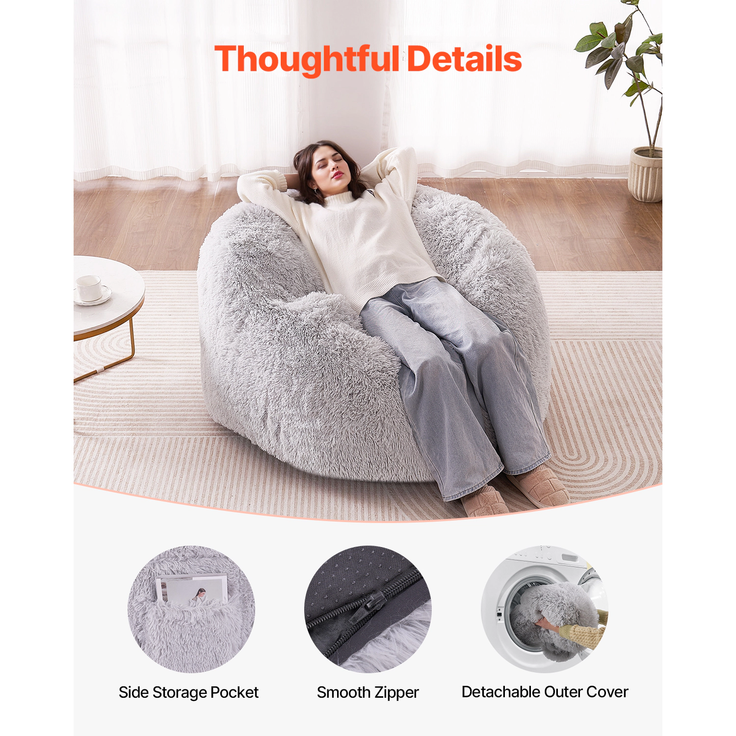 HONGGE Queen Size Convertible Bean Bag Chair Bed, Memory Foam Fill, Washable Cover & Side Pocket, Grey
