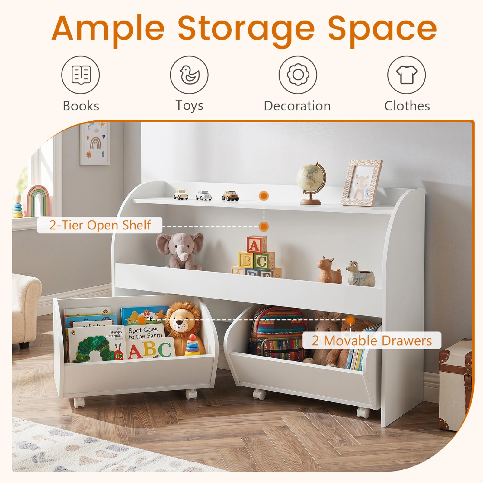SUGIFT Kids Toy Storage Organizer with 2 Drawers and 3-Tier Bookshelf 22-lb Shelves 33-lb Drawers 38-in Frame White