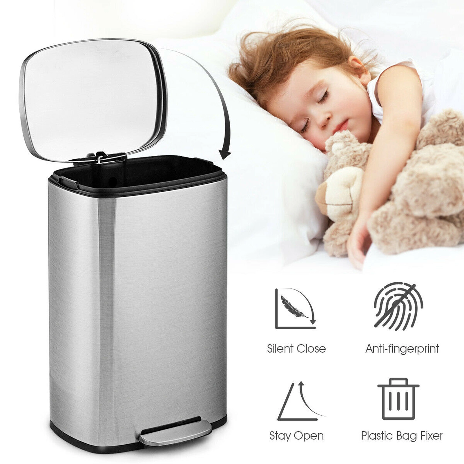 SUGIFT 13.2-Gallon Stainless Steel Step Trash Can Removable Inner Bucket Foot Pedal 17 x 12 x 26-in 13.5-lb Silver