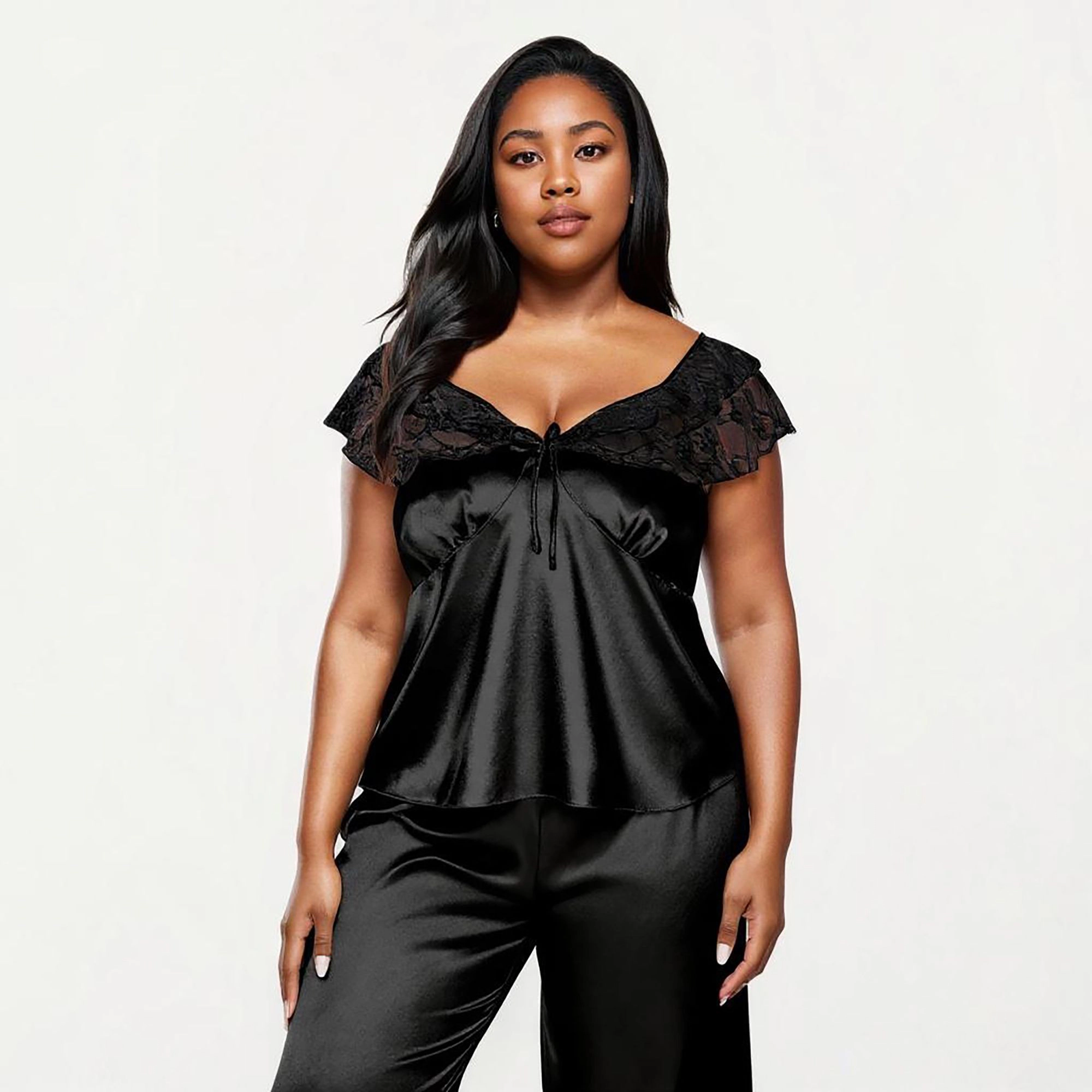 Anna-Kaci Women's Plus 2-Piece Satin Lace Trim Sleep Top and Wide Leg Pants with Soft Draping Silhouette