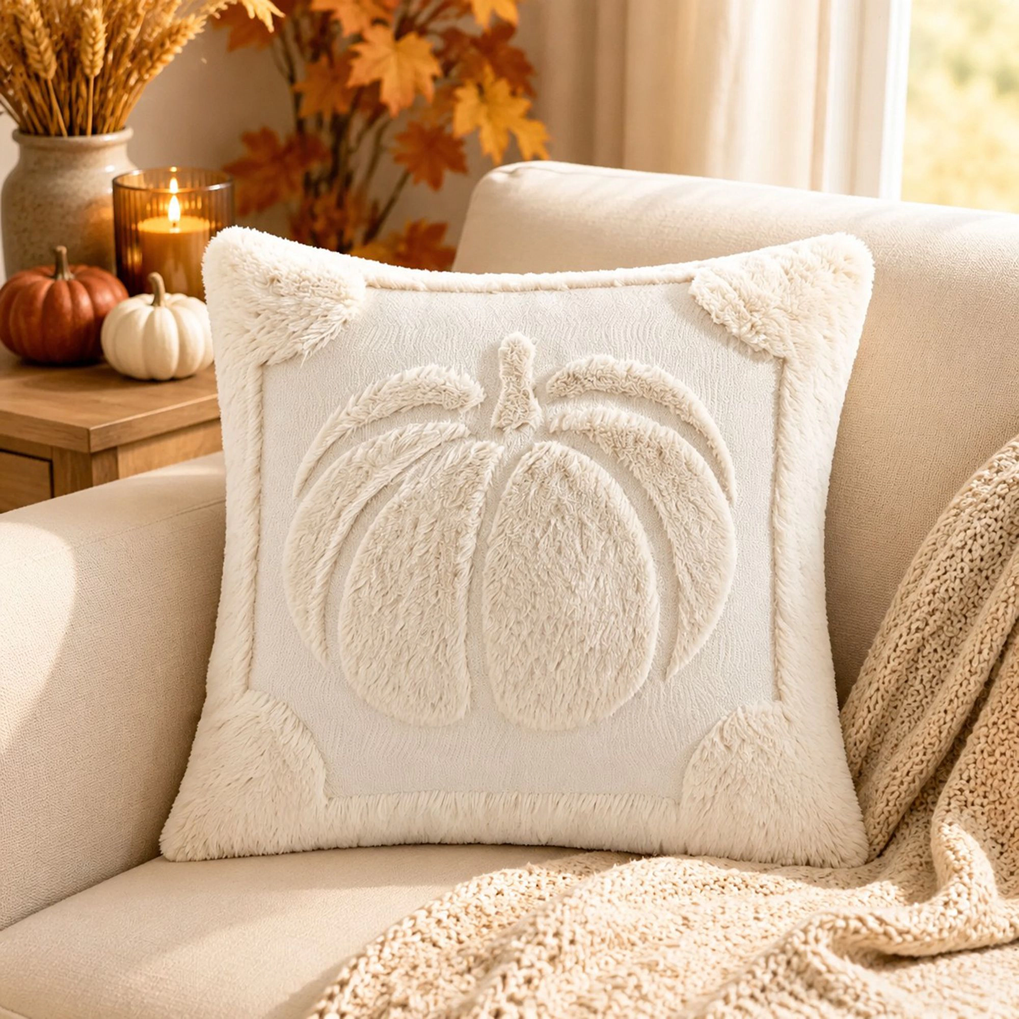Alilang Fall Thanksgiving Plush Pumpkin Textured Decorative Throw Pillow Cover