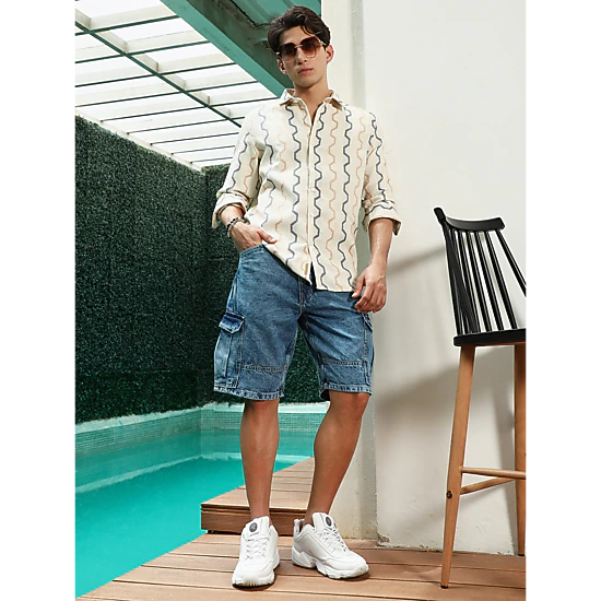 Off White Zigzag Pattern Full Sleeve Cotton Blend Shirt