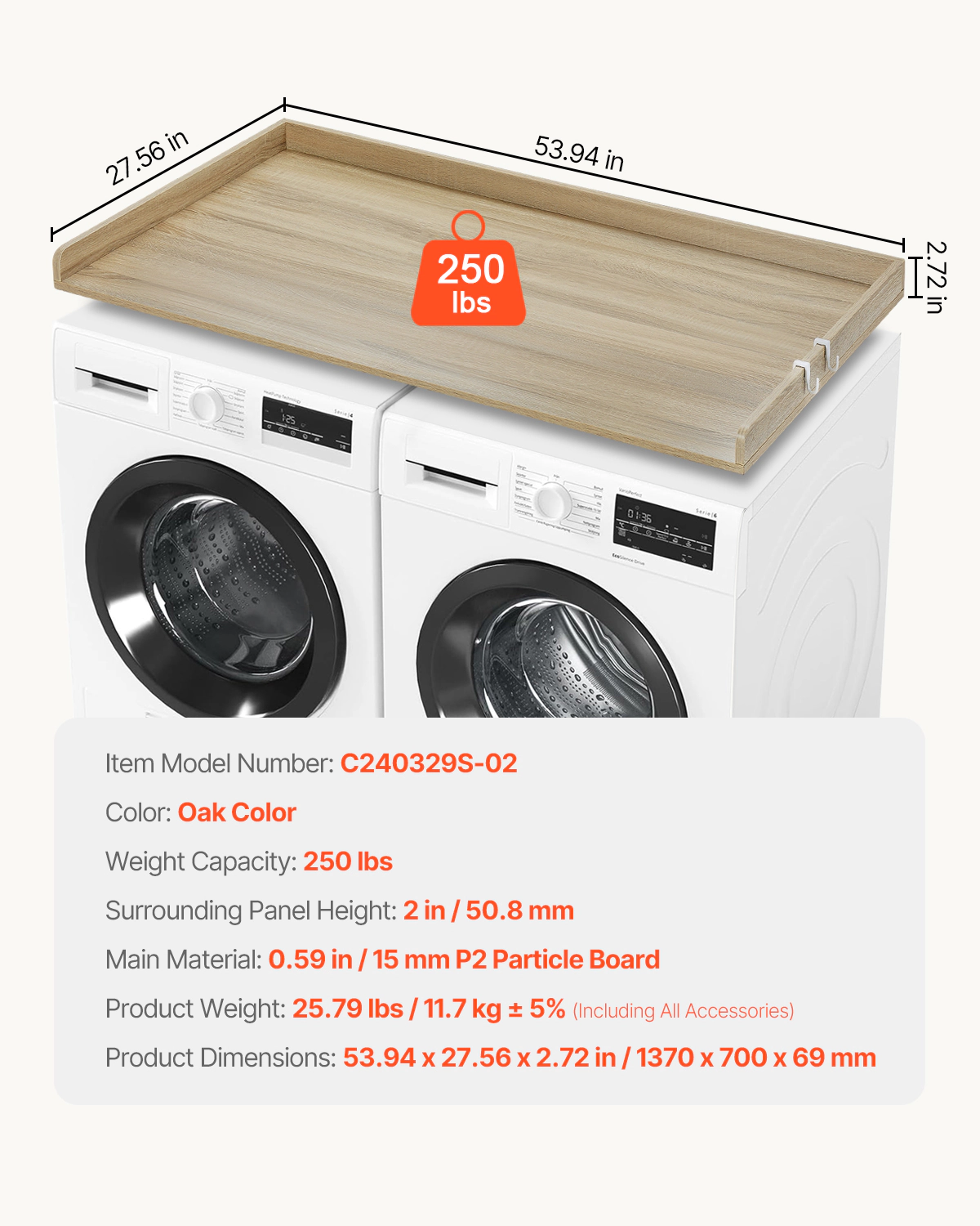HONGGE Washer and Dryer Countertop, 54 x 27 Inch, Water Resistant Wood Laundry Top, Oak Finish